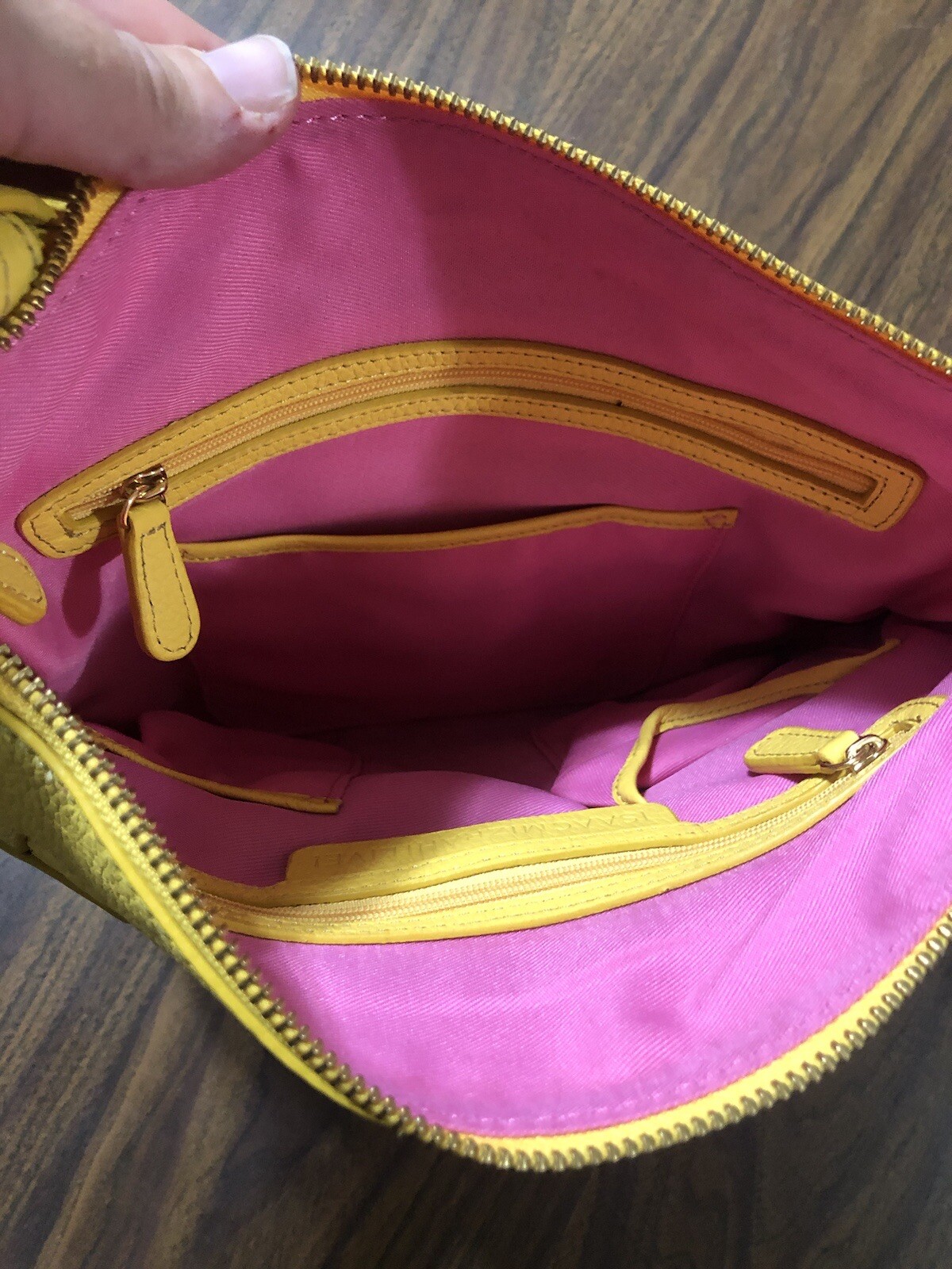 Isaac Mizrahi Live! Leather Shoulder Or Crossbody Bag Handbag Yellow Pink Lining