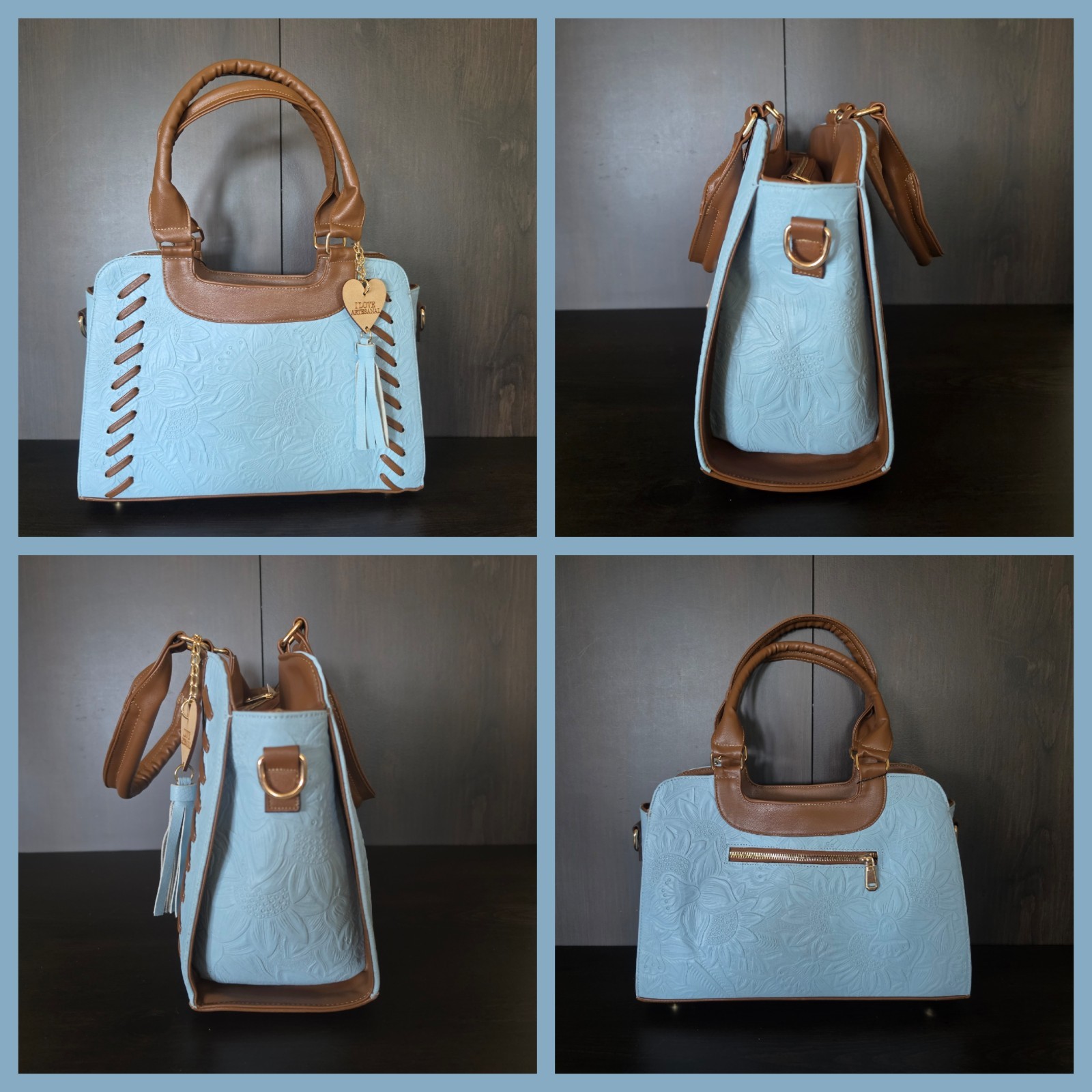 Baby Blue Brown Floral Stitched Embossed Tooled Artisan LEATHER Purse Crossbody