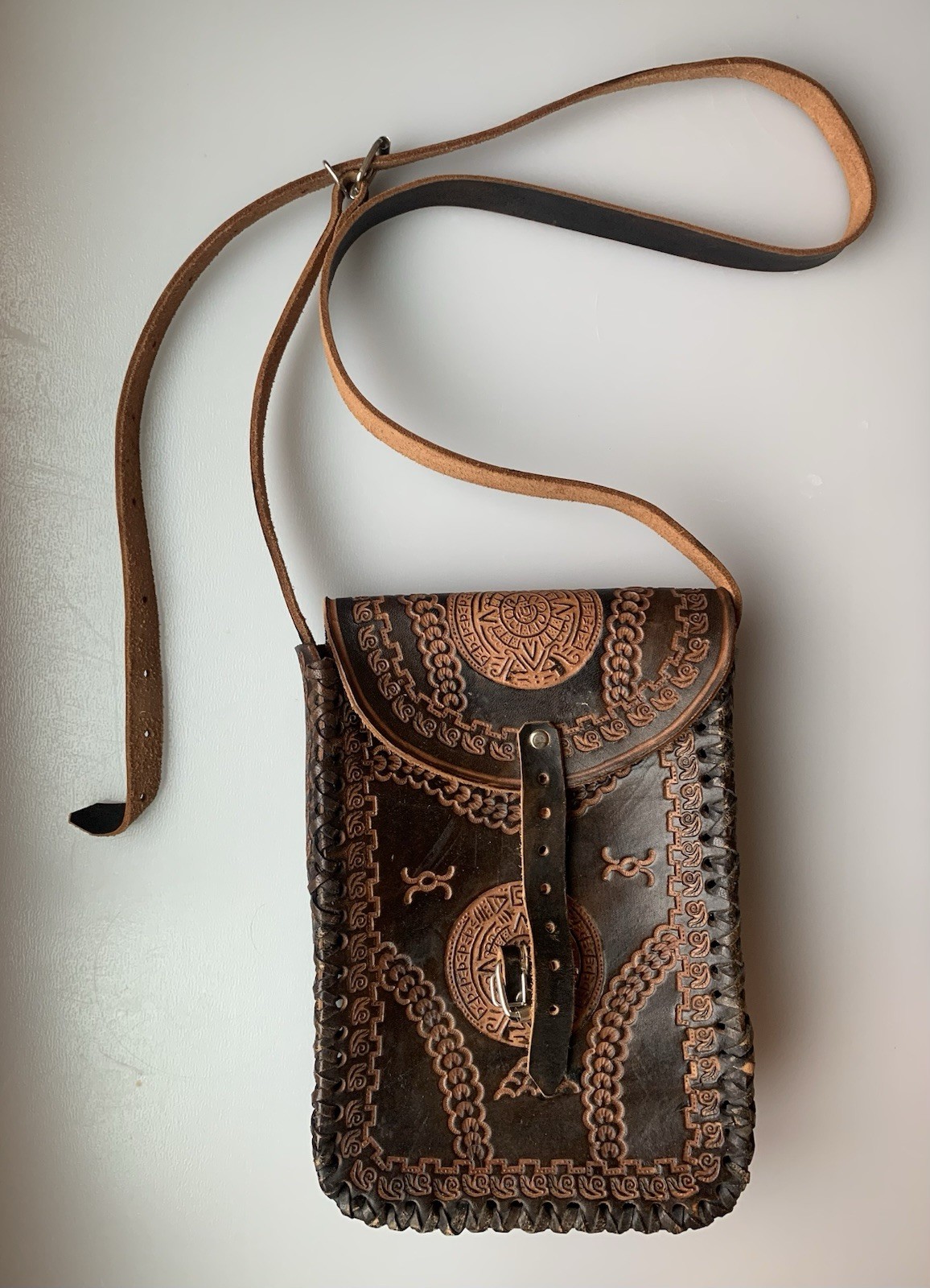 Vintage Hand Tooled Leather Crossbody Bag Boho Mexican Aztec Satchel Bag