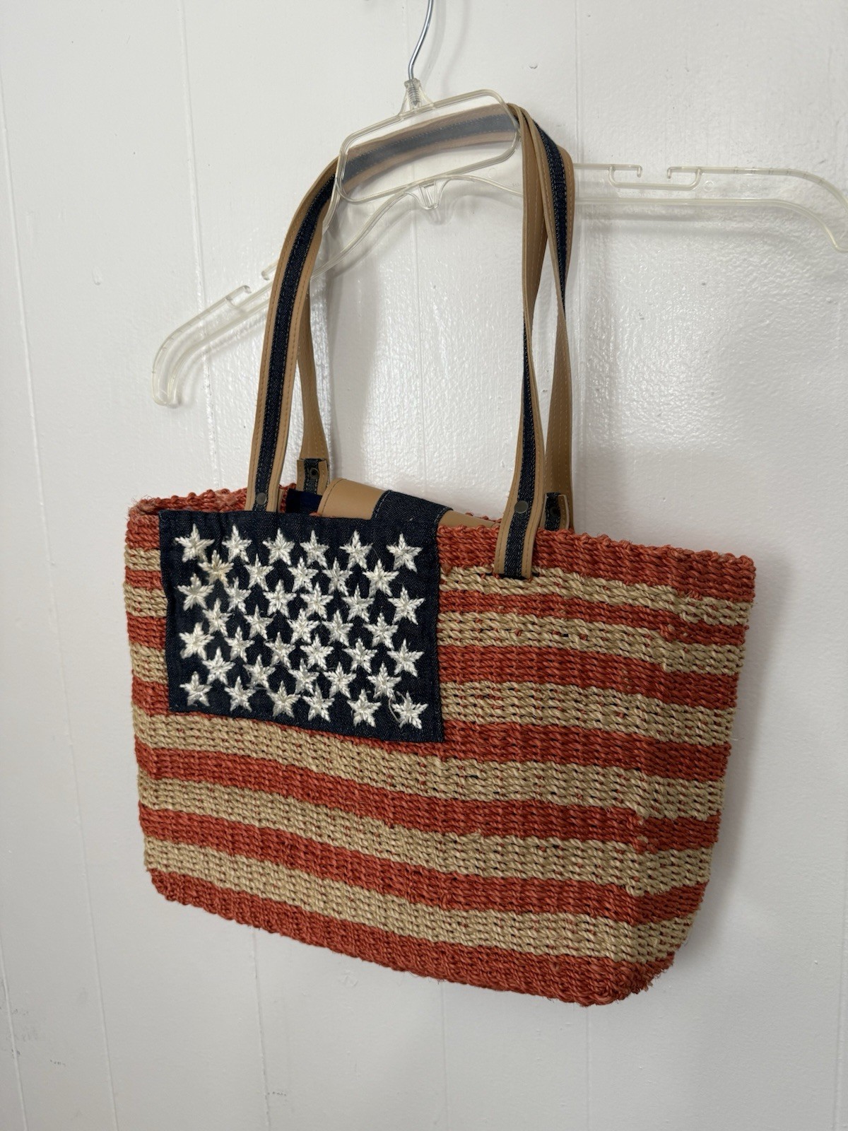 American Flag Straw Tote Bag Coastal Patriotic Beach Summer Boho USA