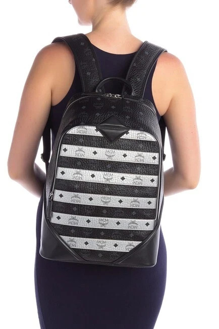 NEW MCM Logo Allover Spot Visetos Leather Backpack Black Silver Striped Adult