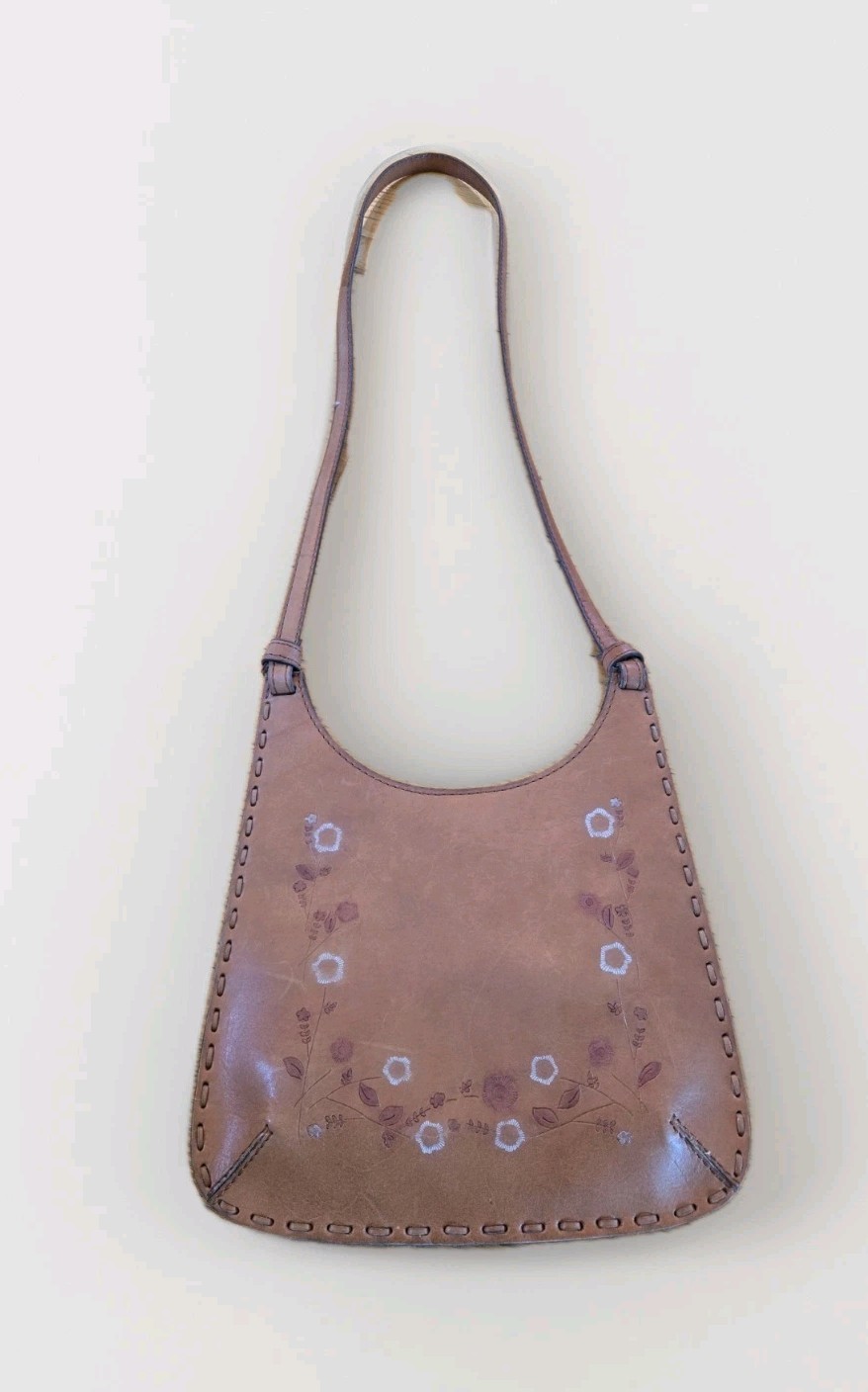 Cute! El Portal Vintage Leather Handbag Small Cognac Tooled Flowers