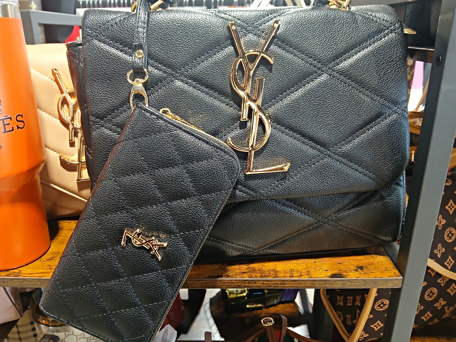 Saint Laurent YSL Black Quilted Shoulder Bag Gold Chain Strap Zip Pouch