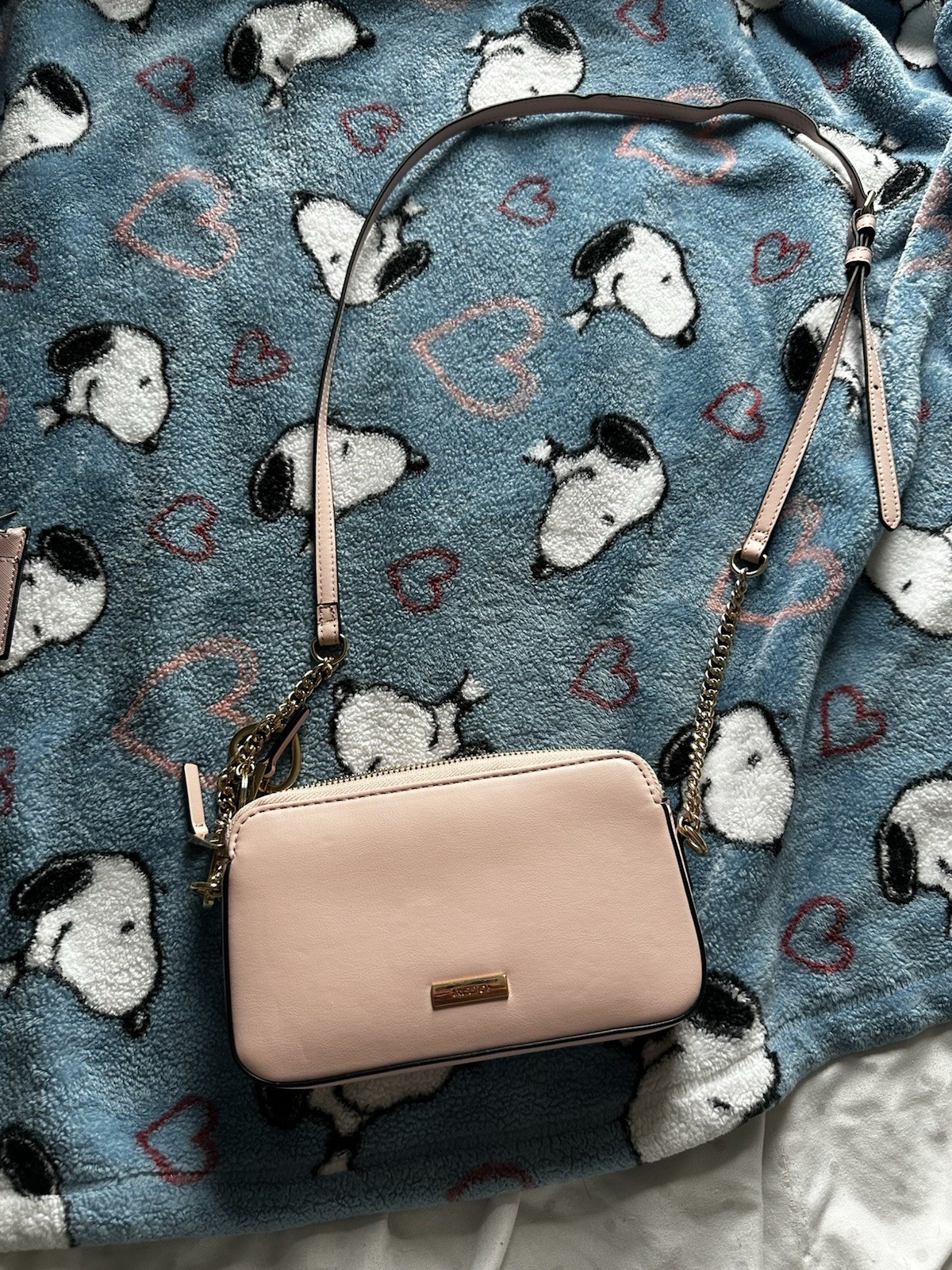 ALDO Pink Quilted Crossbody Bag Gold Chain Strap Heart Charm Zip Closure