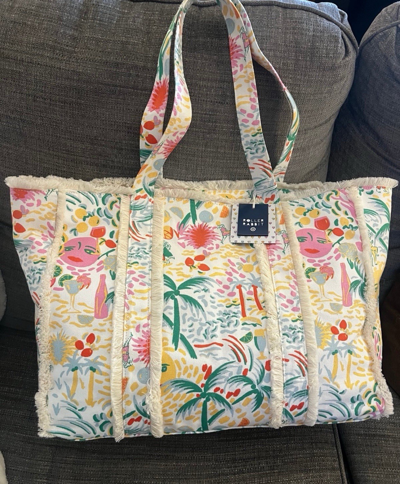Roller Rabbit Multicolor Floral Fringe Tote Bag Zip Pouch Lined Inner Pockets