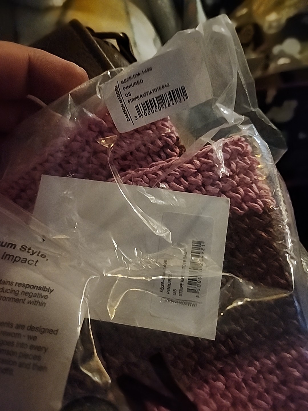 Damson madder stripe raffia tote bag