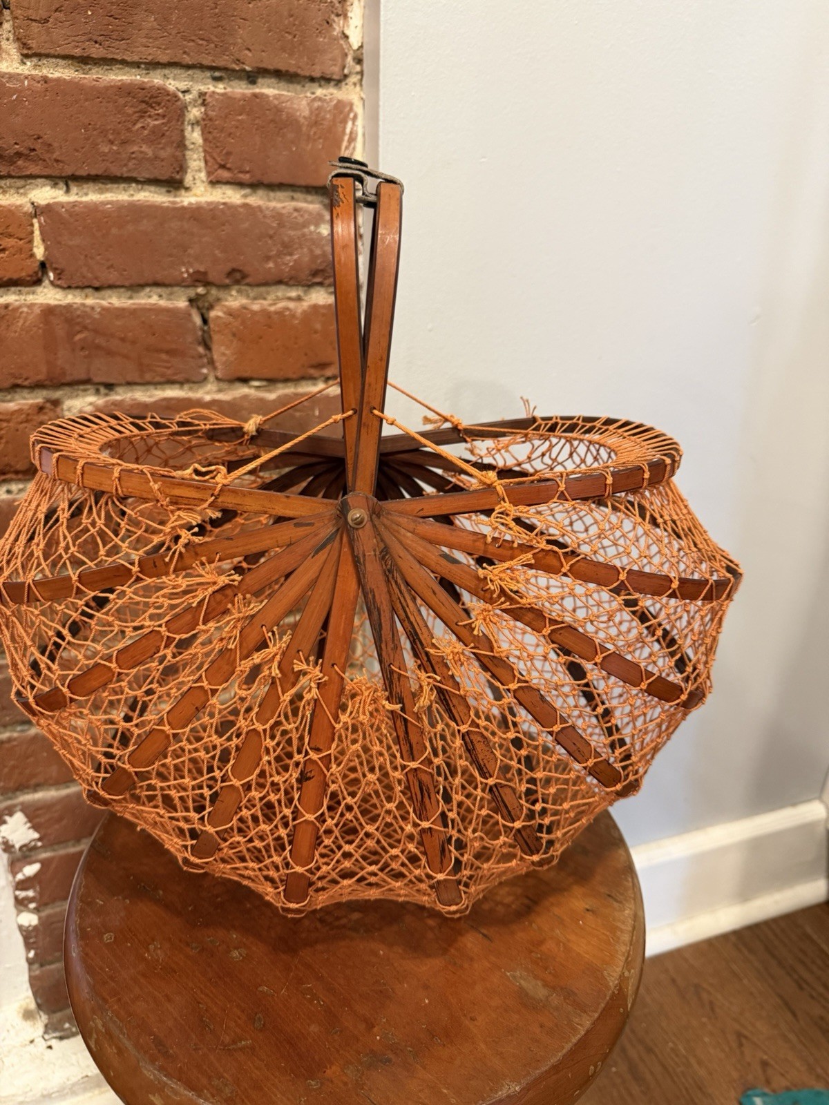 Vtg 1950s Japanese Folding Bamboo Basket Purse Orange Fishnet Collapsible Bag