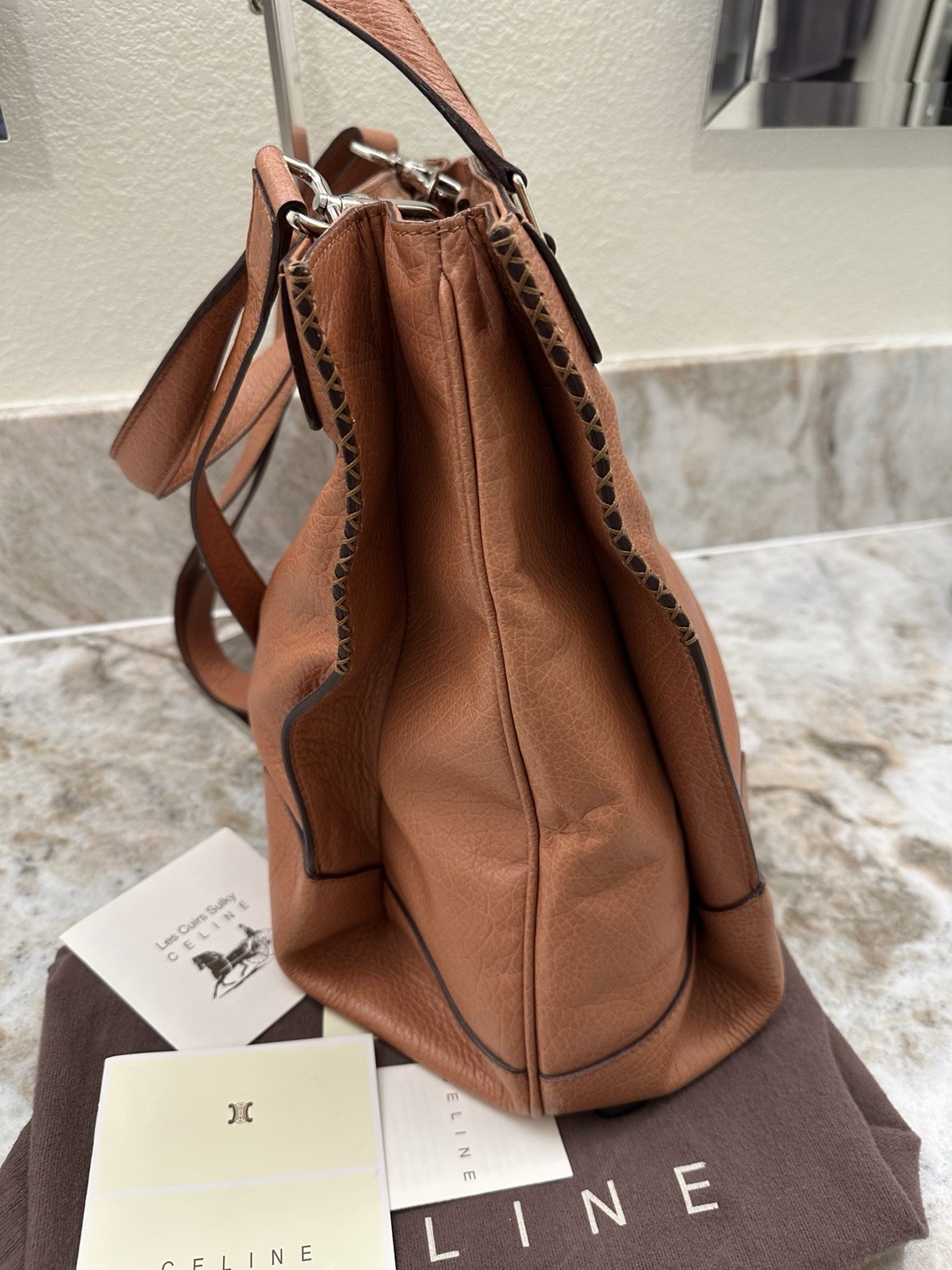 CELINE Orlov Brown Satchel Top Handle Bag w/ Strap, Charm, Dust Bag, Cards
