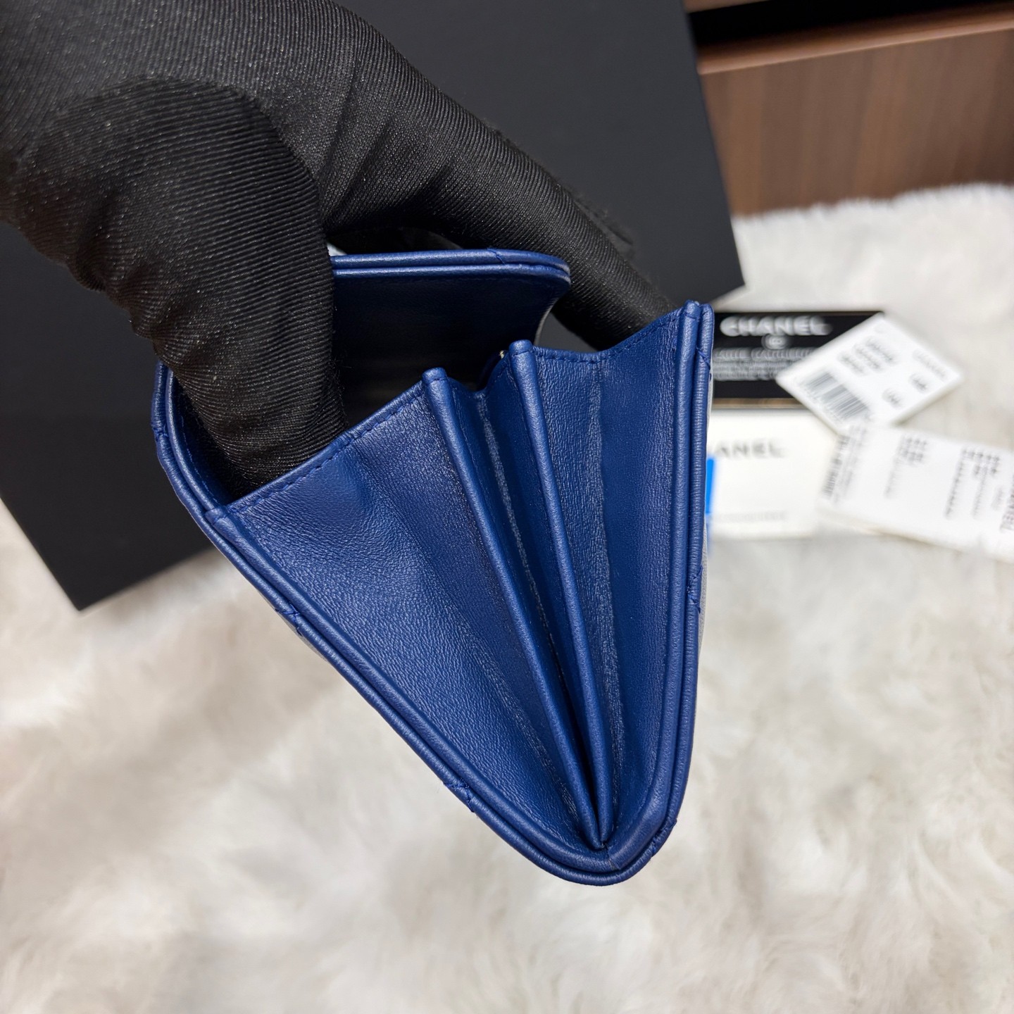 Chanel Classic Flap Normal Size Blue Lambskin Cash Card Coin Wallet US Ship