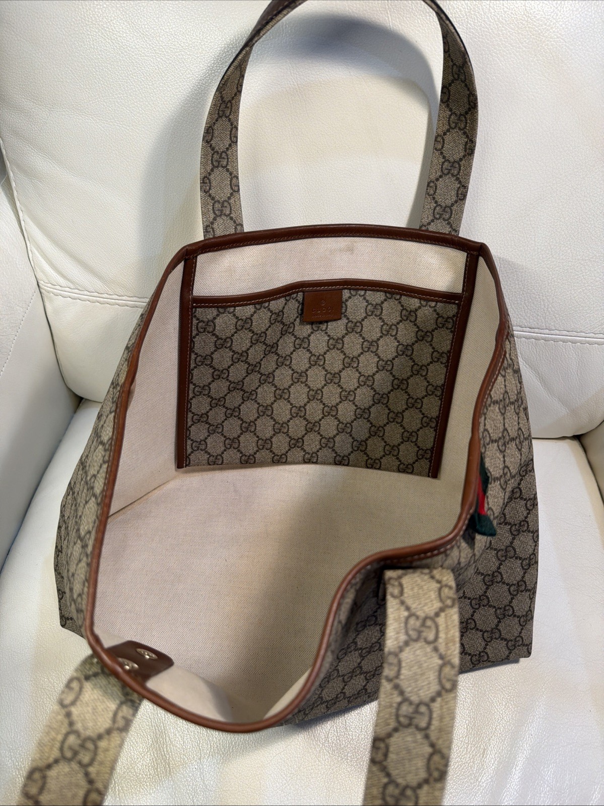 Gucci GG Pattern Tote Bag for Women with Brown Leather Handles Logo Print