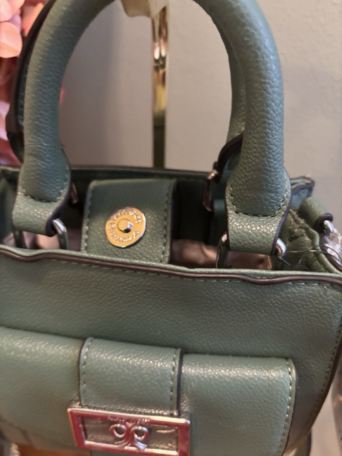 Nine West Olive Green Studded Mini Satchel Top Handle Bag with Detachable Strap