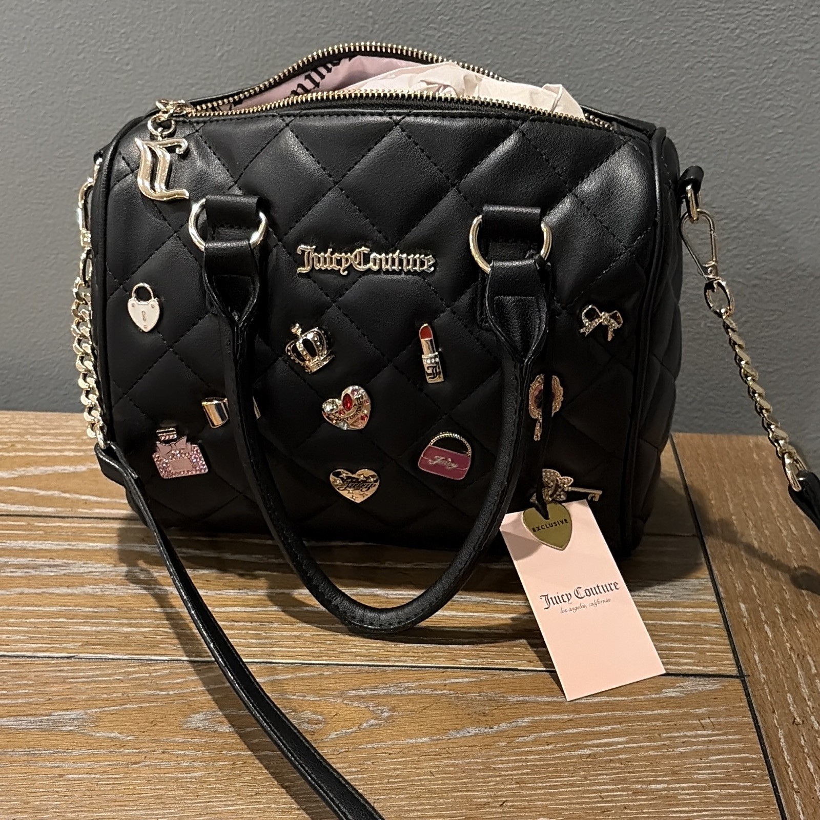 Juicy Couture Black Small Satchel Zip Top, Detachable Crossbody Strap, Charm