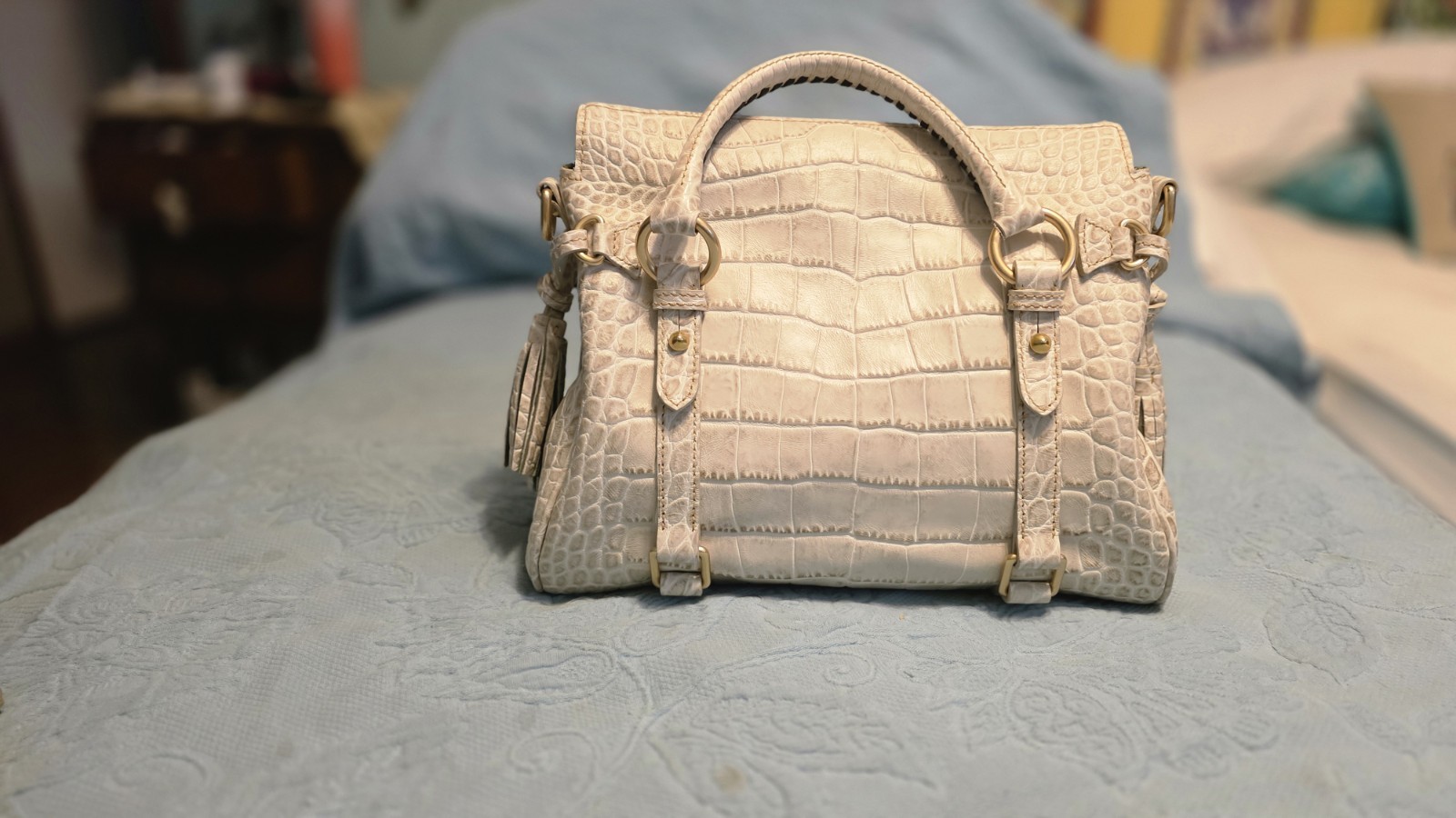 Dooney & Bourke Beige Satchel Top Handle Zip Gold Hardware Tassel Strap