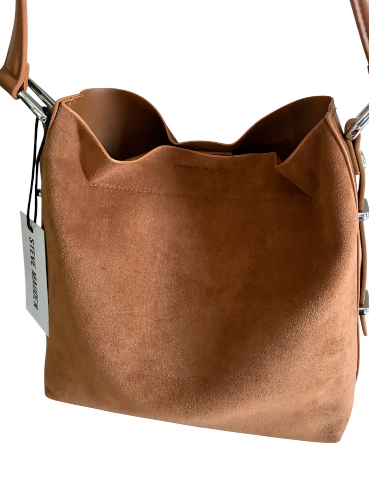 Steve Madden Soft Caramel Suede BRIZZO Bucket Bag with Silver-Toned Hardware
