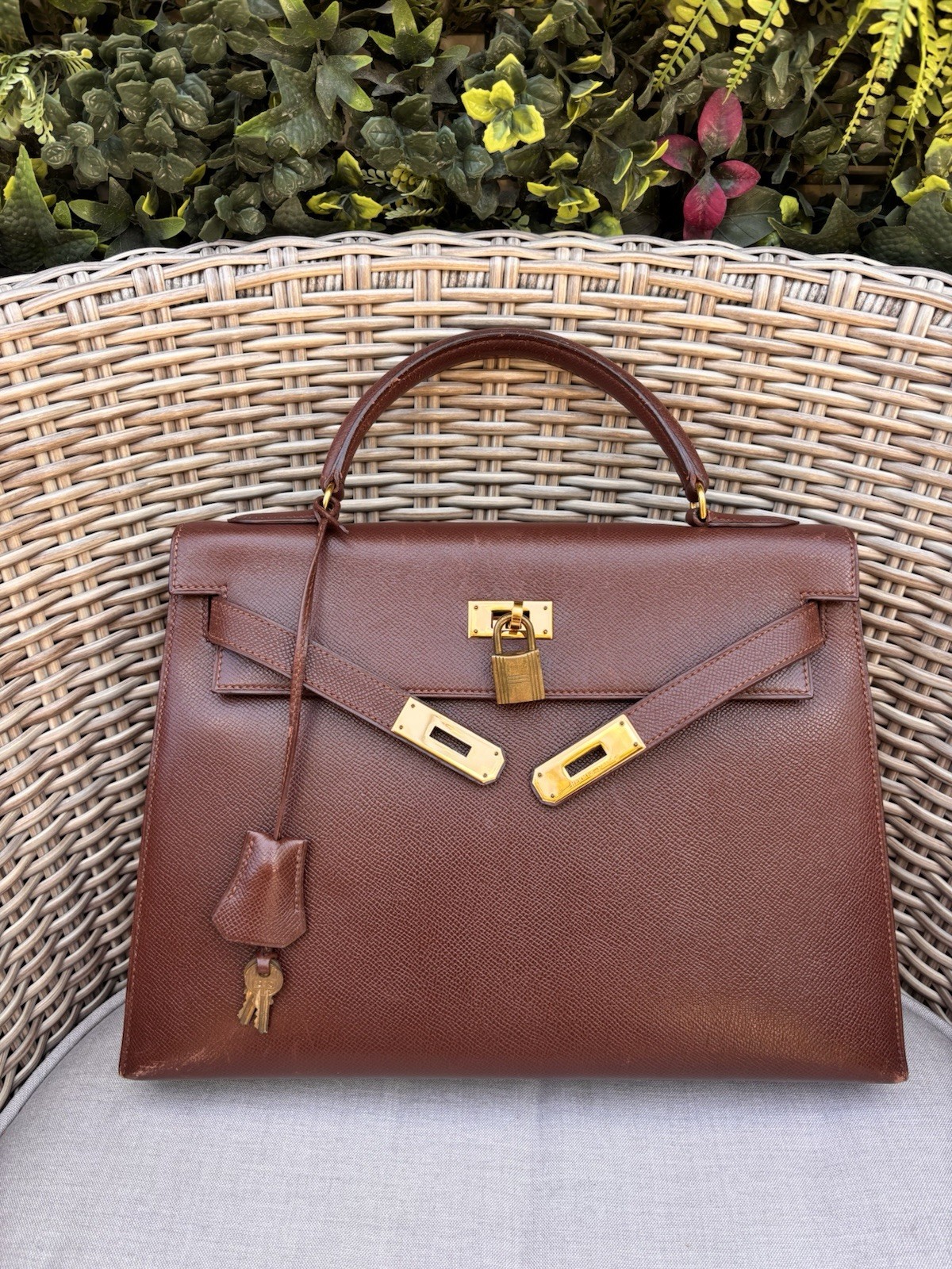 Authentic Hermès 1991 vintage KELLY 32 brown gold courchevel leather bag