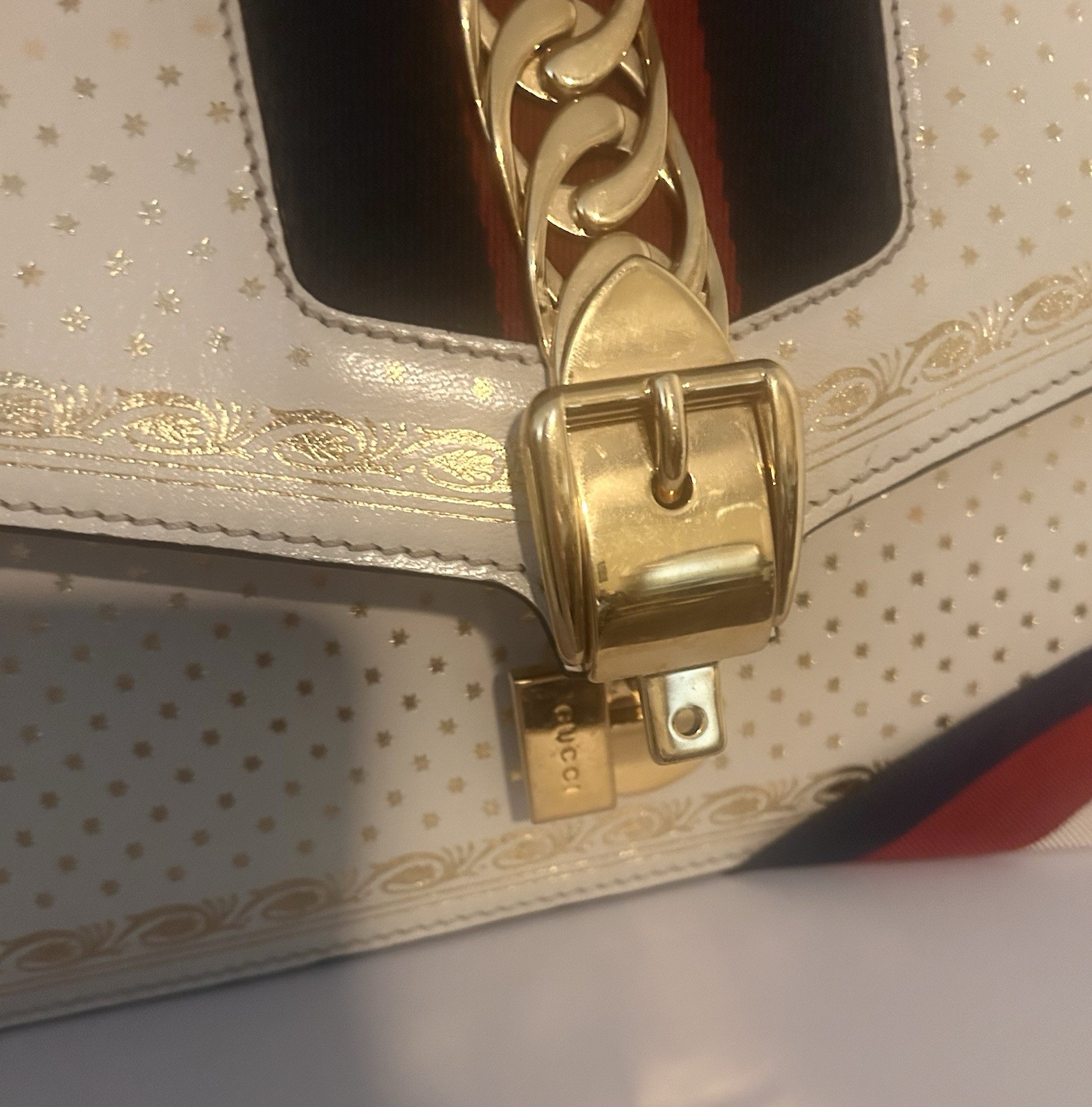 Gucci Sylvie Authentic- Small White stars- web ribbon and leather straps
