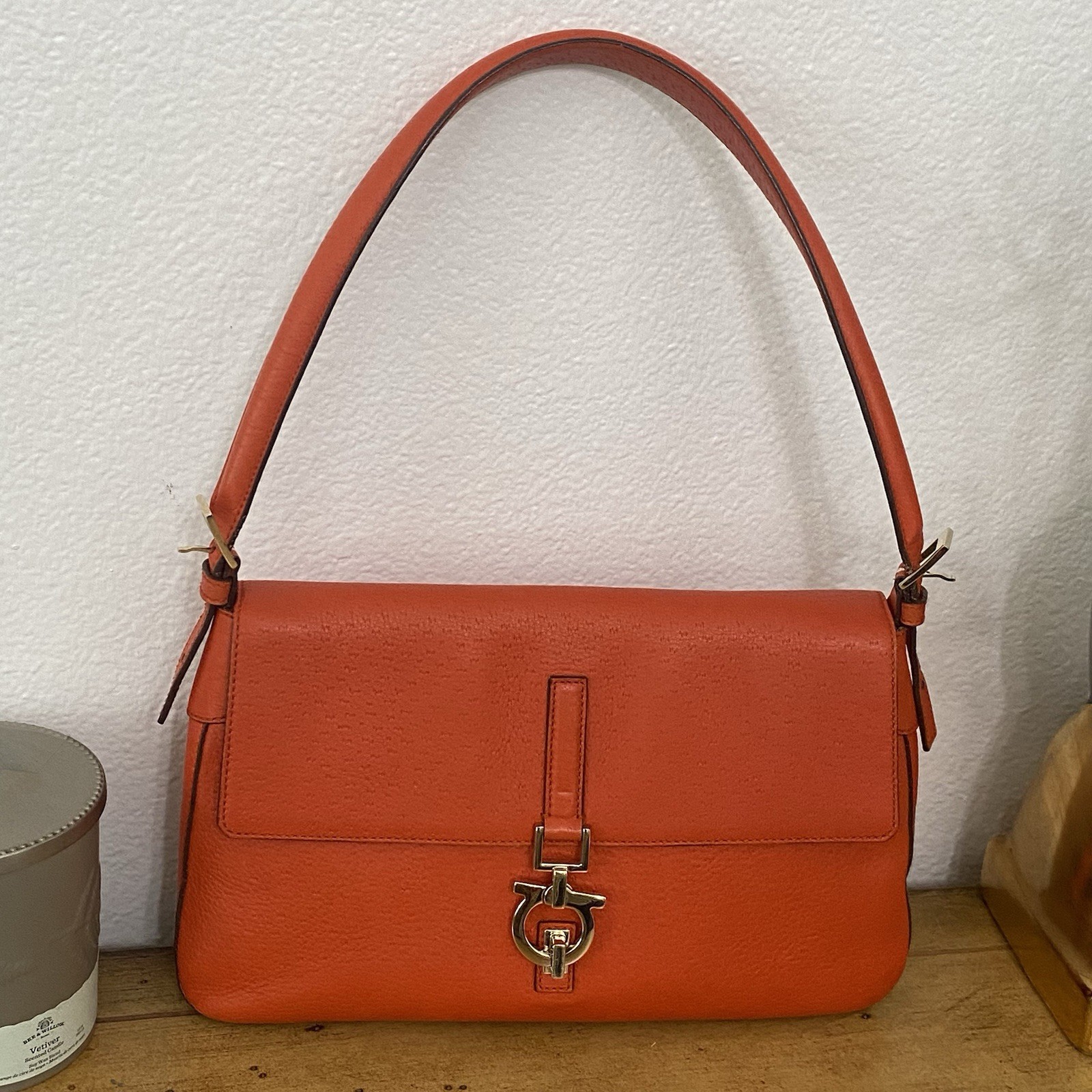 Salvatore Ferragamo Gancini Shoulder Leather Bag Deep Orange & Silver Hardware.