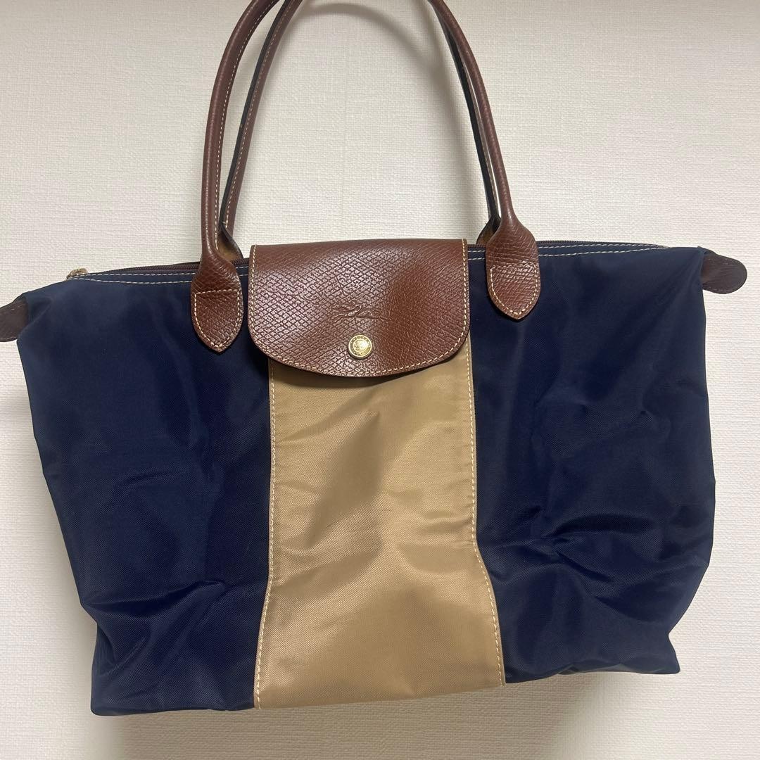 Longchamp Navy Beige Tote Bag Nylon Leather 9.8 x 15.4 x 5.9 inch Used