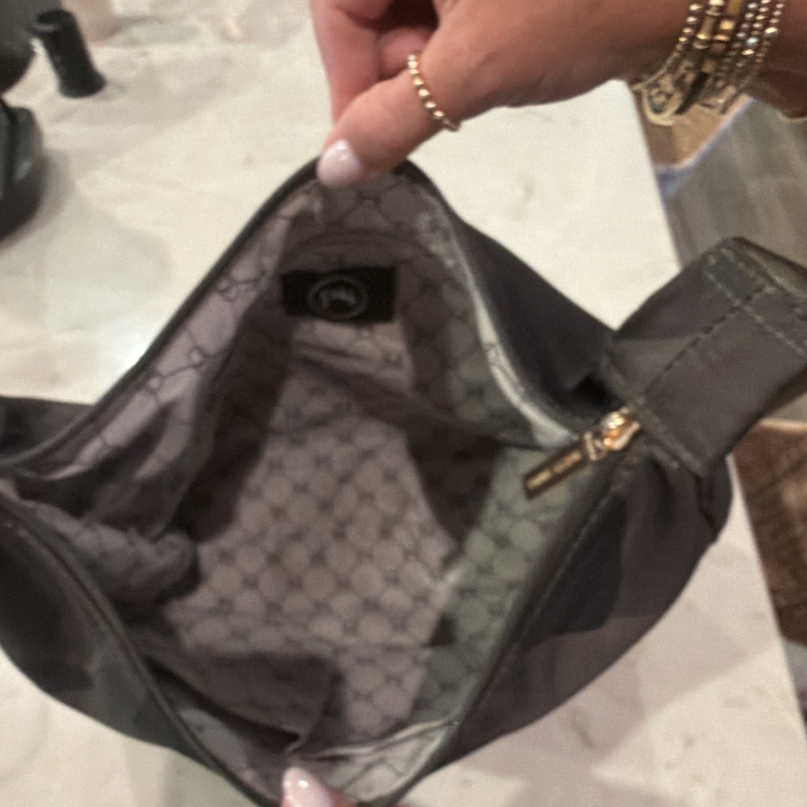 Pretty Simple Black/Gray Camouflage Shoulder Bag Logo Strap Zip Closure Gold
