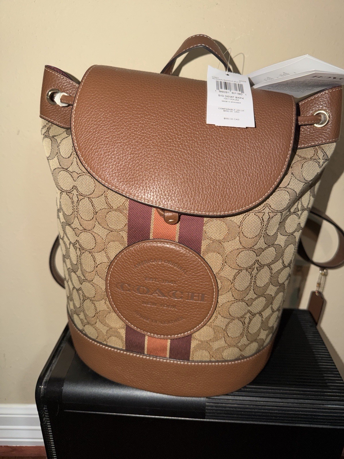 COACH Signature Khaki/Saddle Multi Backpack, Drawstring, Adjustable Strap