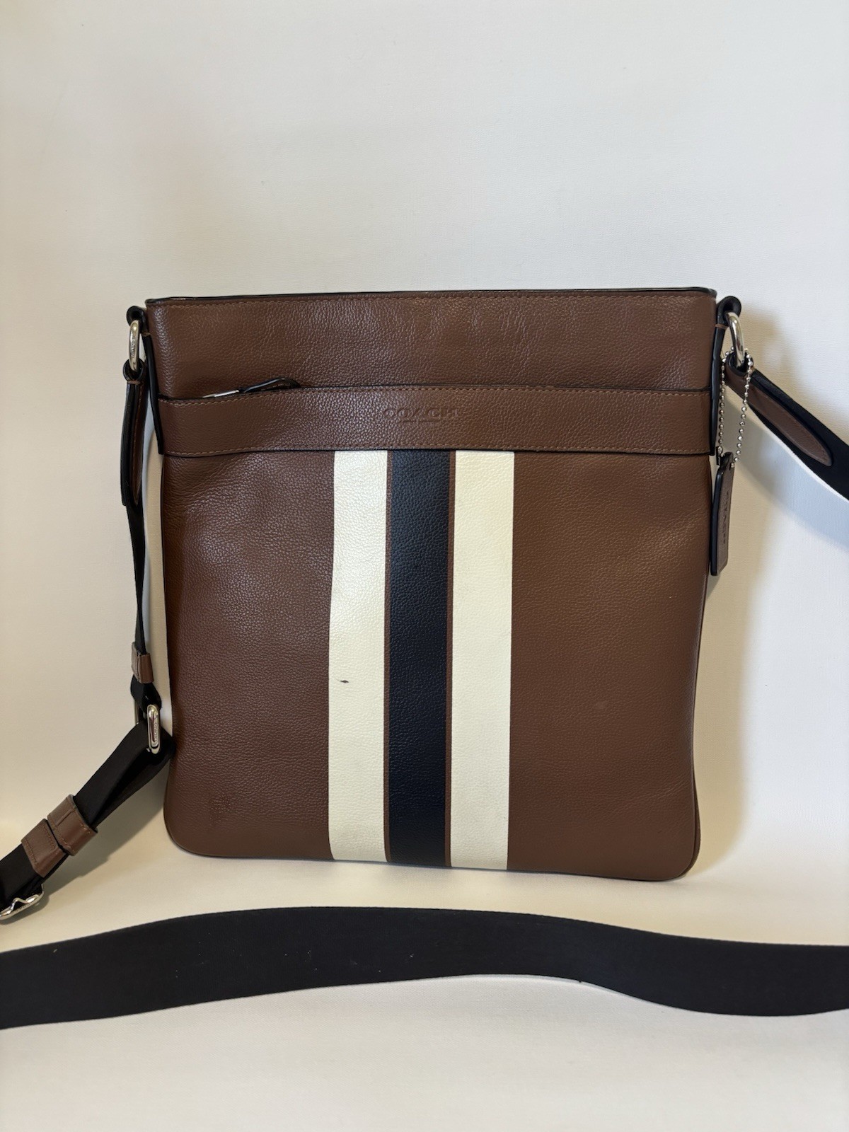 Coach Charles Crossbody Bag Saddle Brown Leather Varsity Stripe