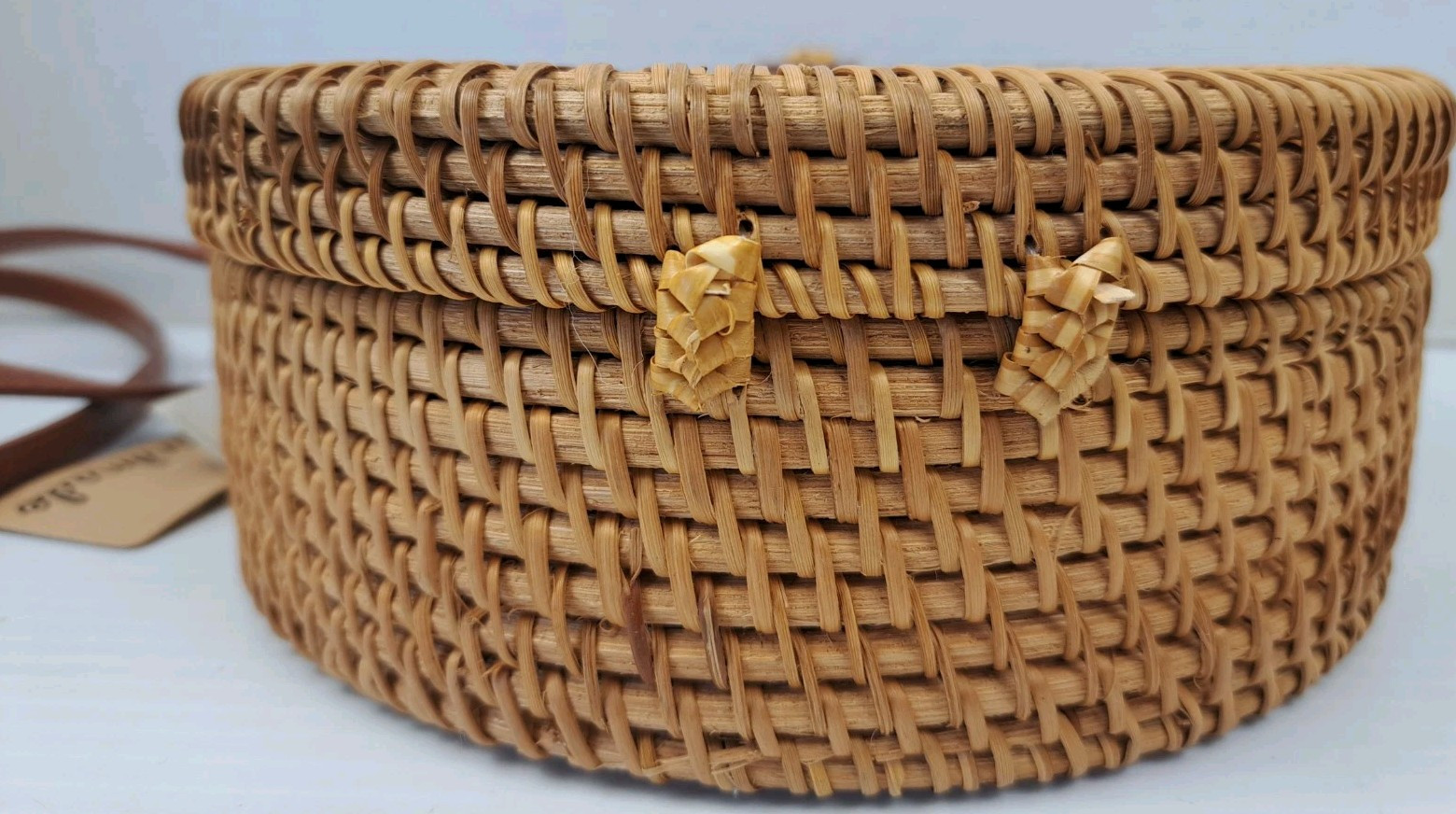 Rattan & Wood Round Purse Crossbody Bag Hand Made Woven Lined Lightweight New