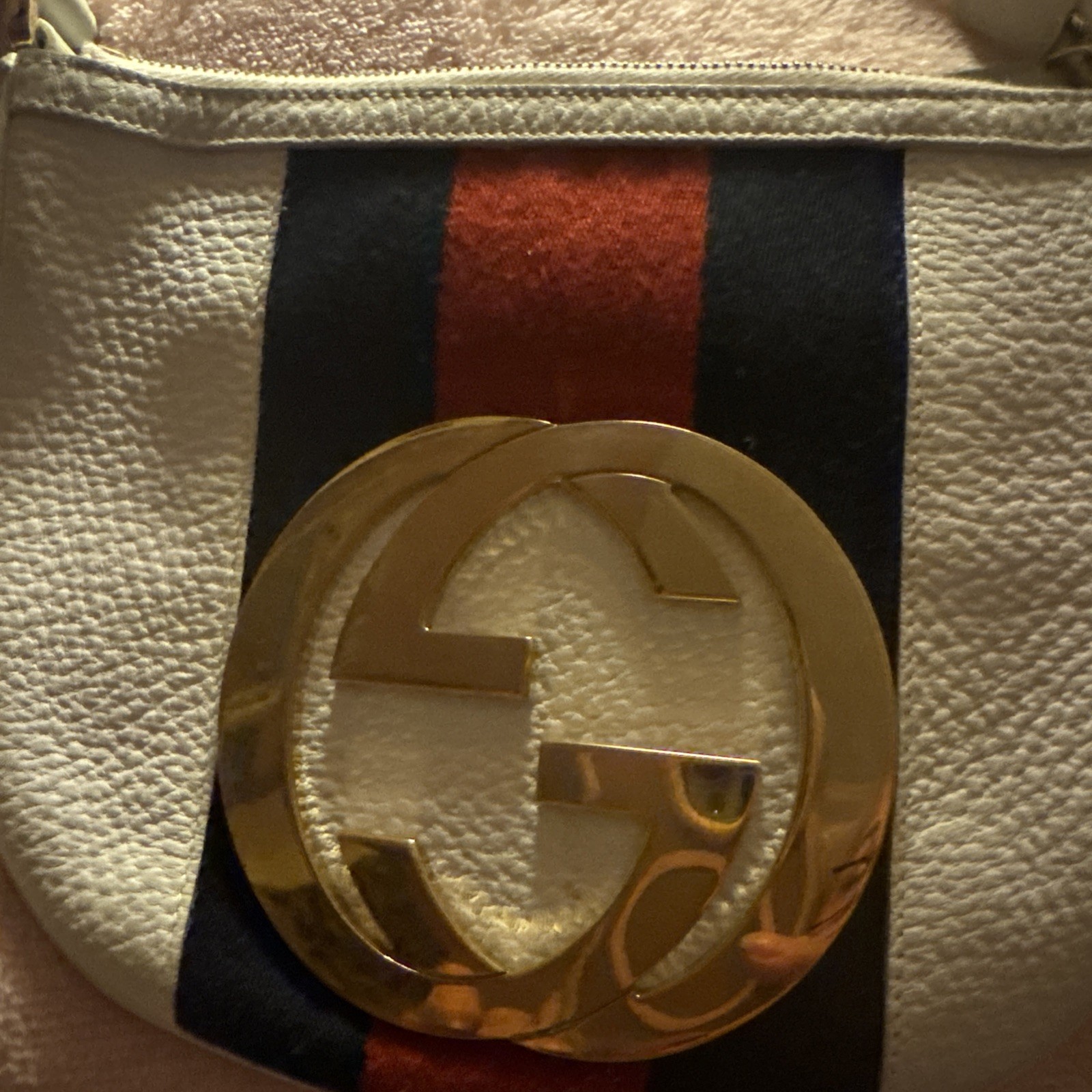 GUCCI Shoulder Bag Elegant White Leather Double G Logo with Iconic Web Stripe