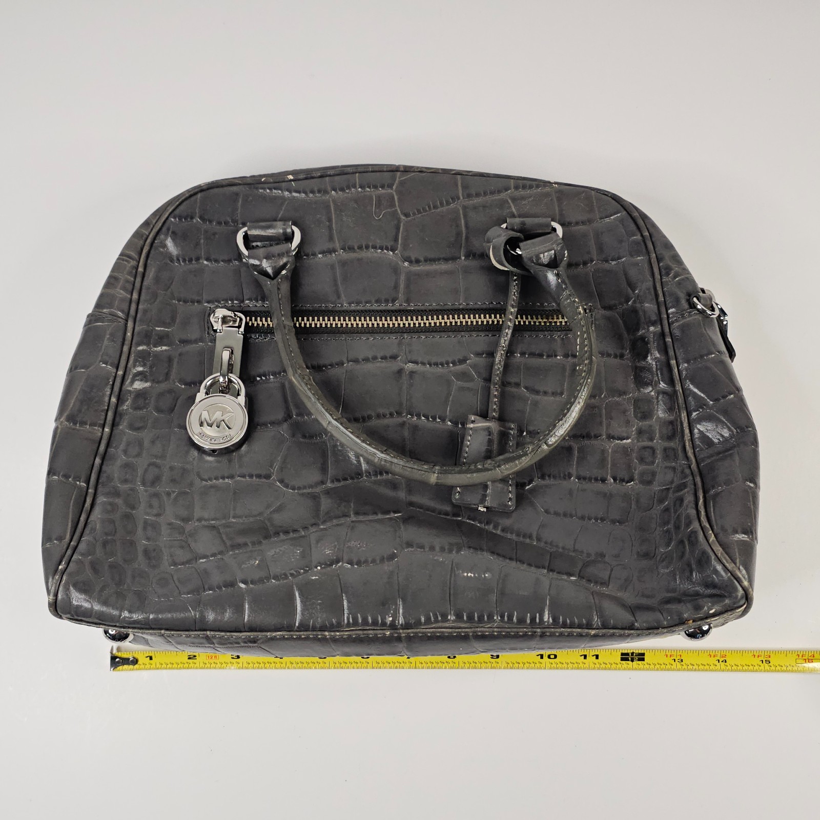 Michael Kors Croc Embossed Leather Handbag GRAY Lock Key Satchel