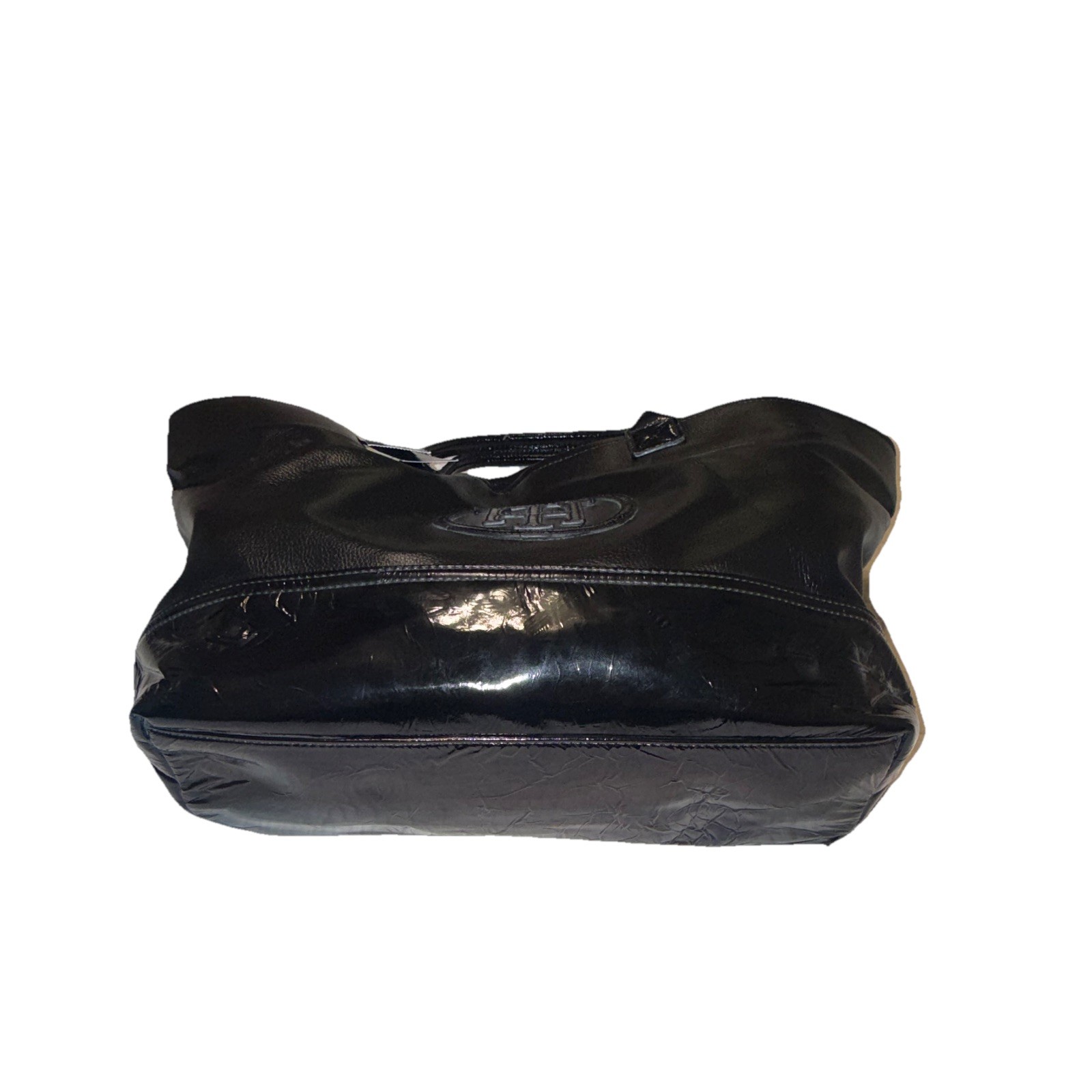 Tommy Hilfiger Black Large Tote Bag Blue Lined Logo Pattern Inner Pockets
