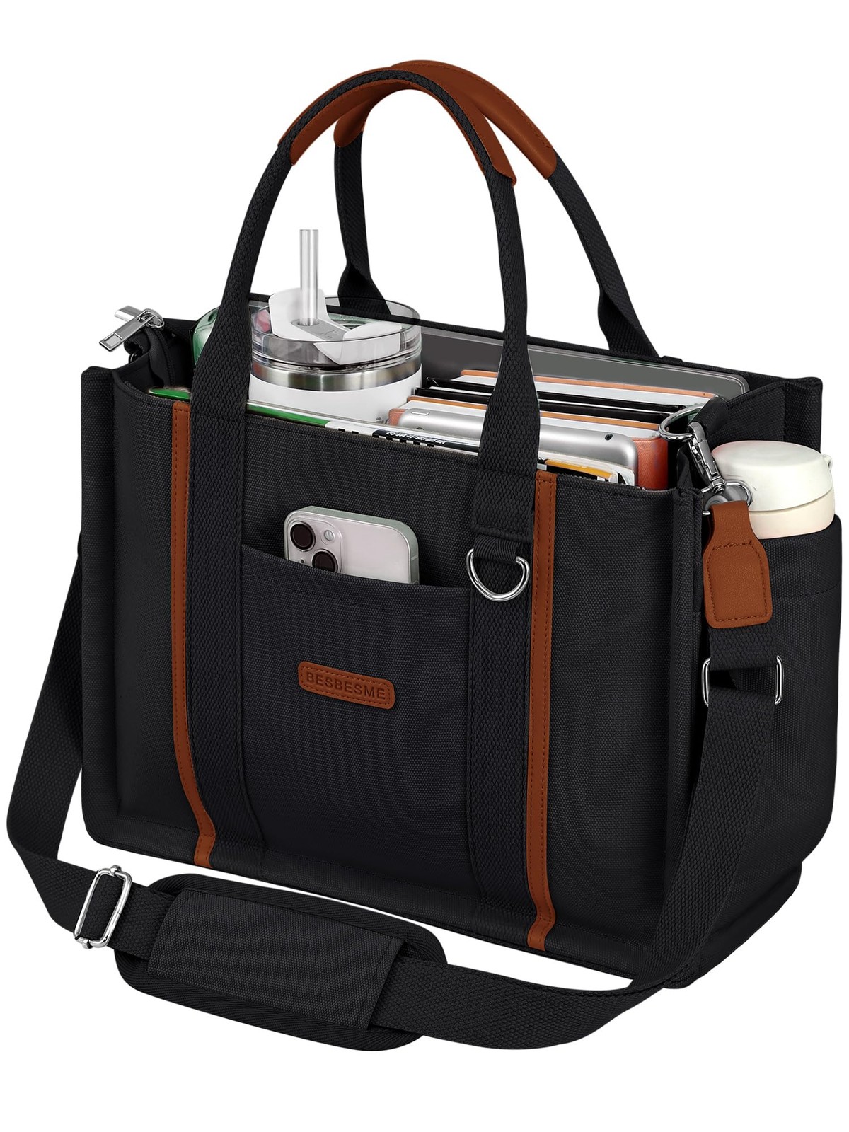 BESBESME Canvas Tote Bag for Women with Zipper & Compartments – Large Multi-P…