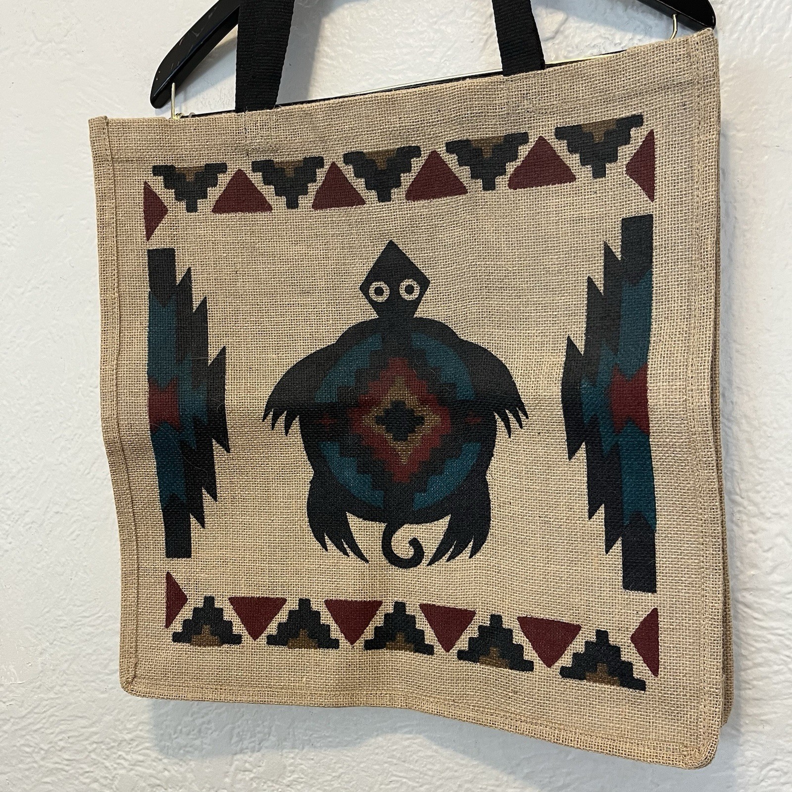 El Paso Saddle Blanket Co Tote Bag Aztec Turtle Jute Southwestern Boho