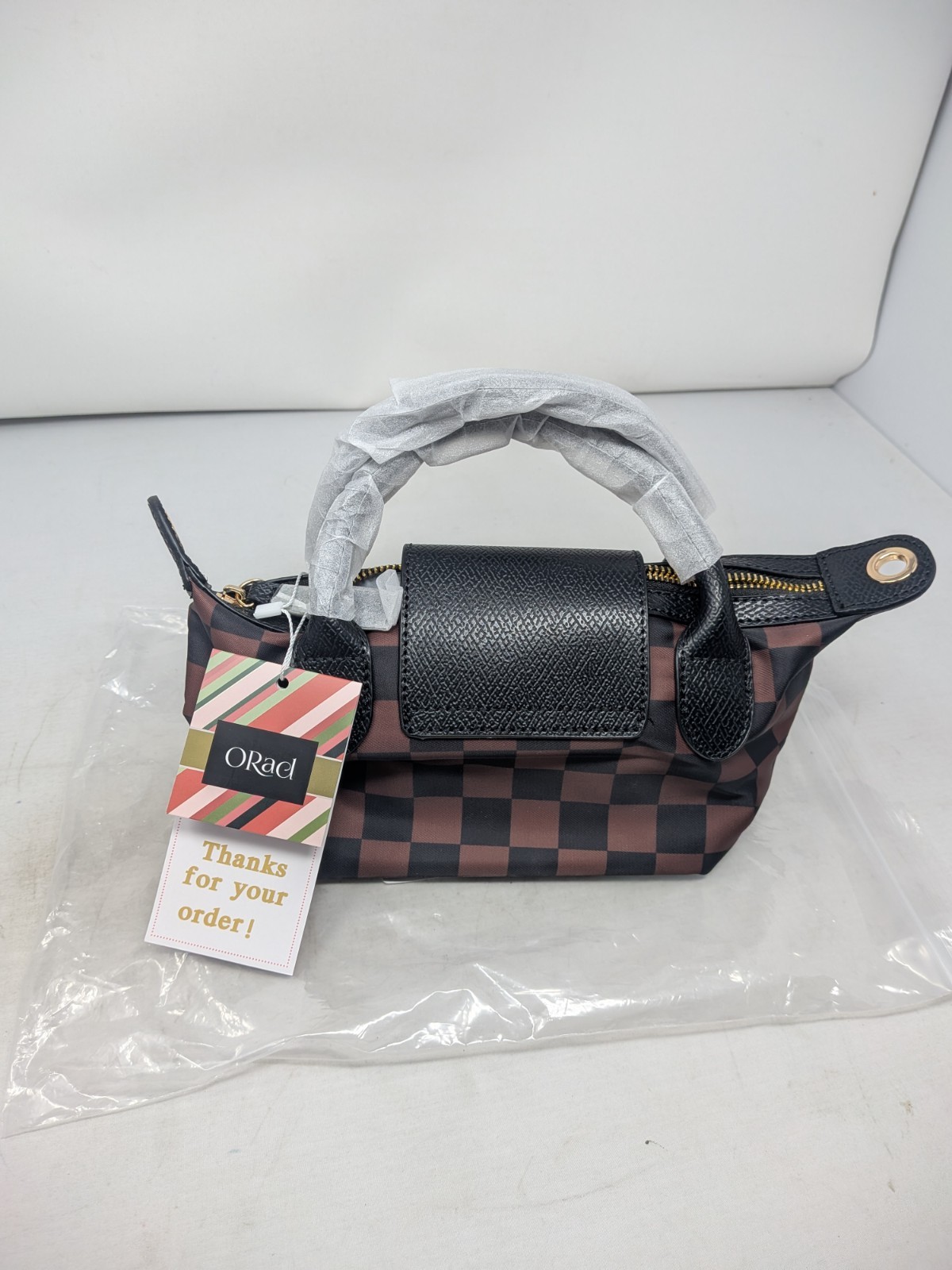 ORad Women’s Small Checkered Tote Bag Brown Black Top Handle Zipper Strap