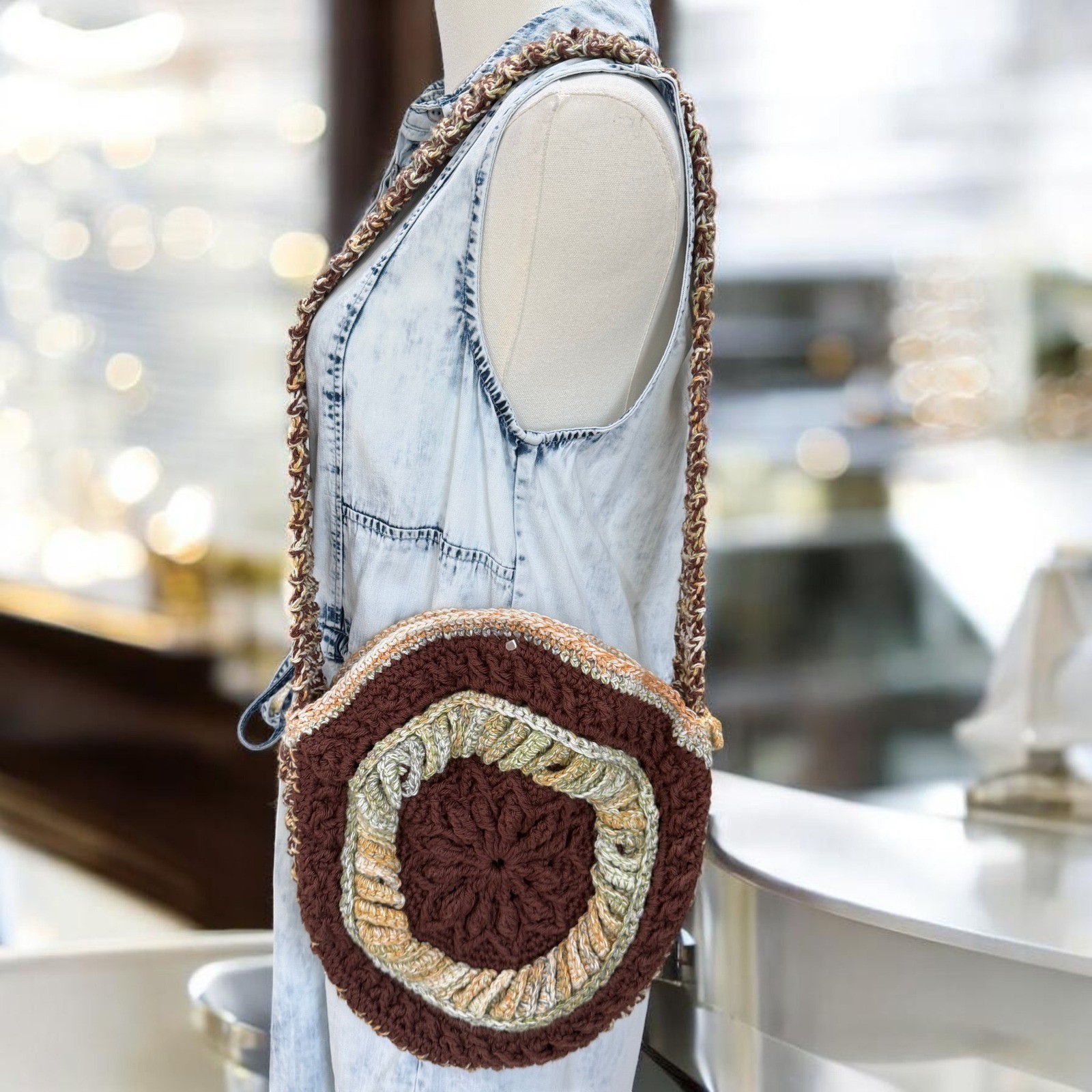 Handmade Crochet Round Bag Boho Cottagecore Festival Hippie Indie Shoulder Purse