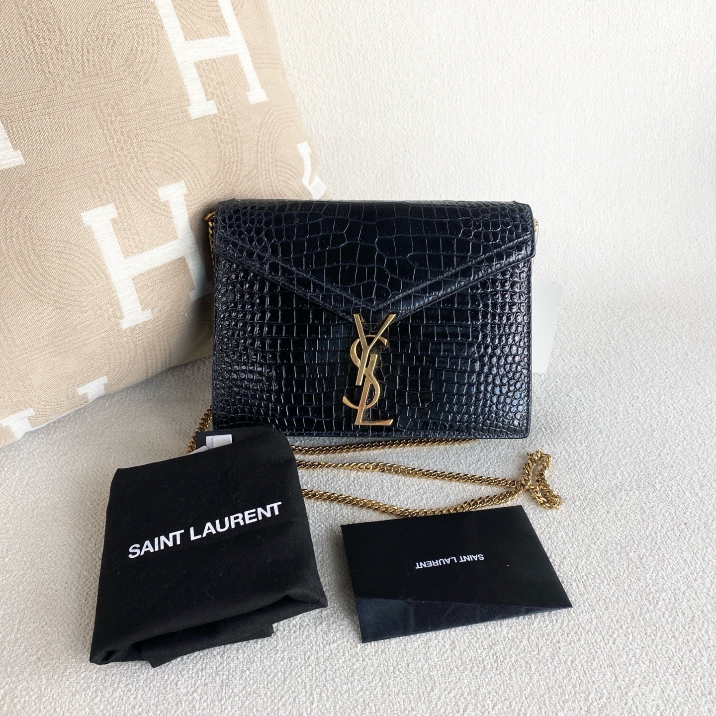 Saint Laurent Medium Cassandra Envelope Bag Croc Black Embossed Leather w/ Chain