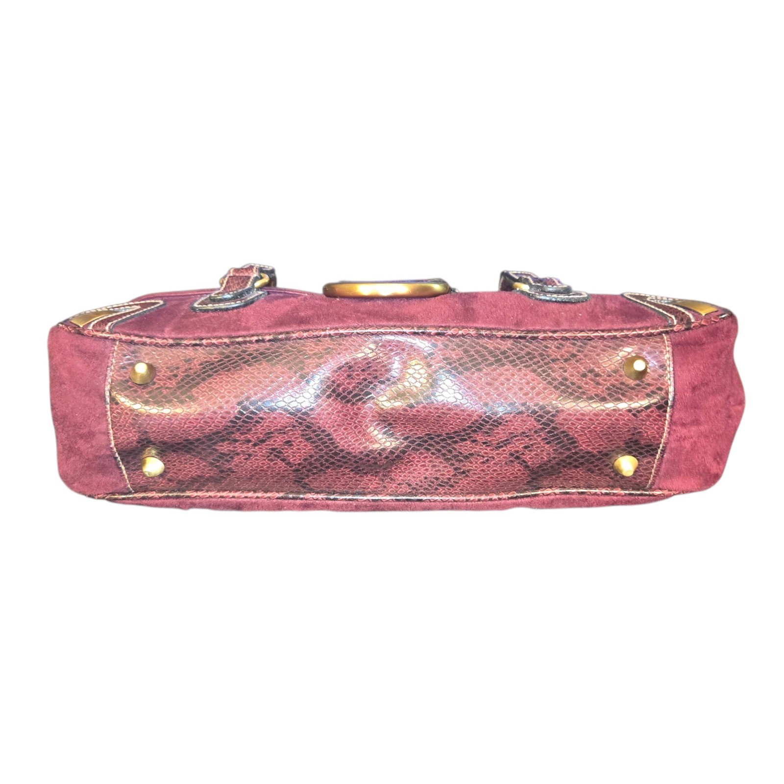Bisou Bisou Y2K VTG Shoulder Bag Med Maroon Snakeskin Trim Faux Suede Baguette