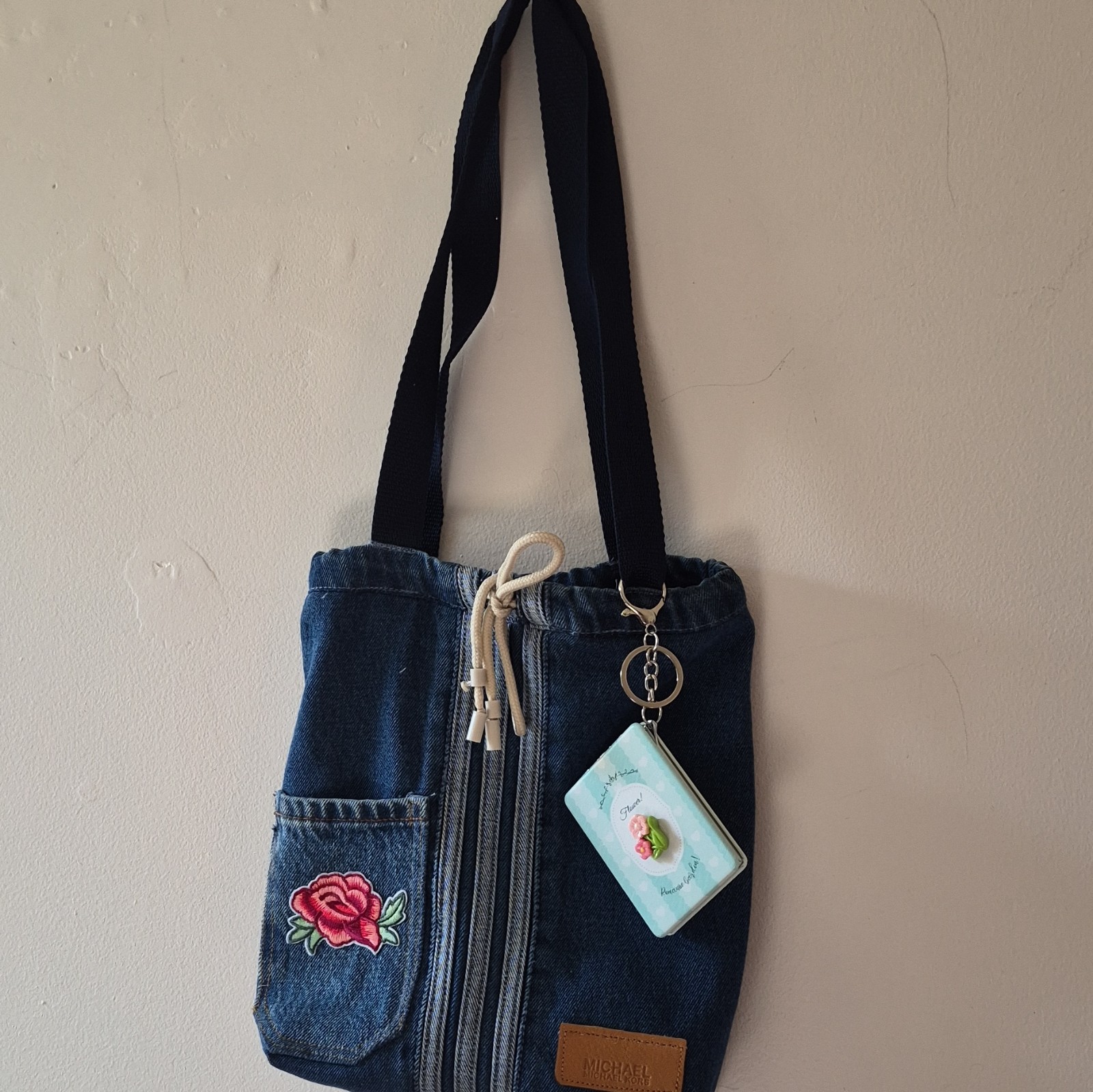 Michael Kors Blue Shoulder Bag Drawstring Zip Embroidered Rose, Black Strap