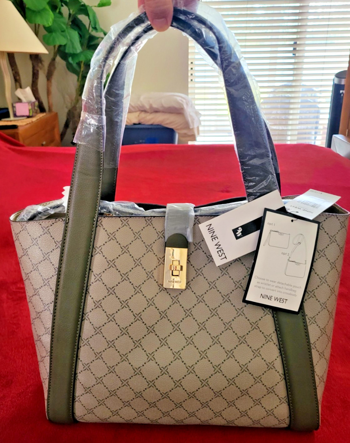 Nine West Morely Beige Logo Double Handle Bag with Matching Wristlet Pouch NEW