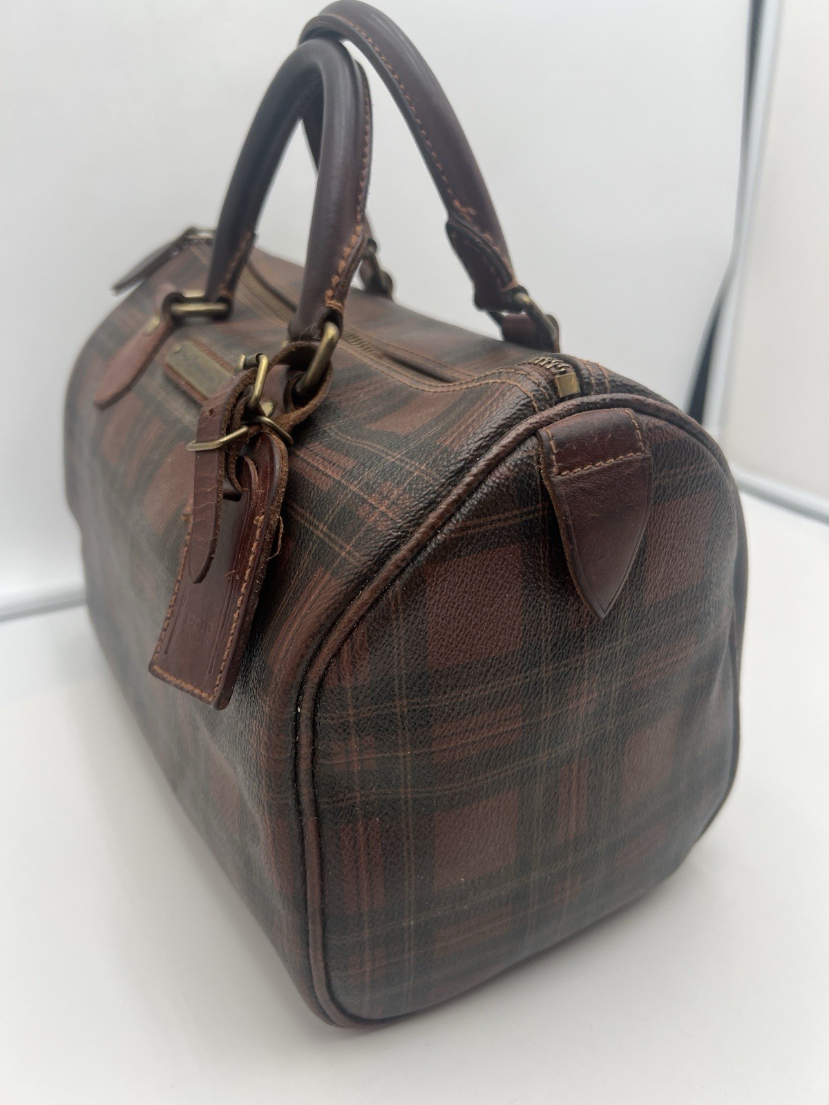 Vintage Polo Ralph Lauren Tartan Plaid Mini Boston Bag Handbag Chestnut Brown