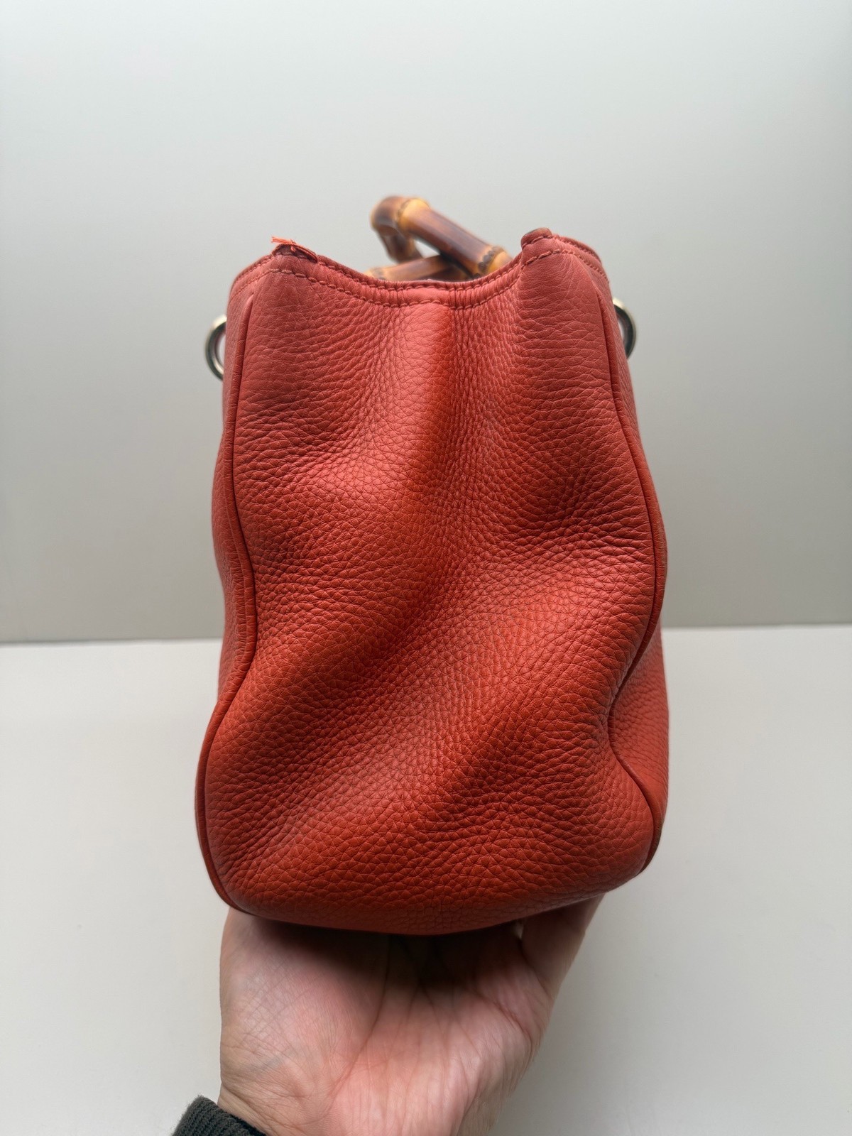 Gucci Bamboo Series Medium Orange Pebbled Cowhide Tote Handbag US Ship