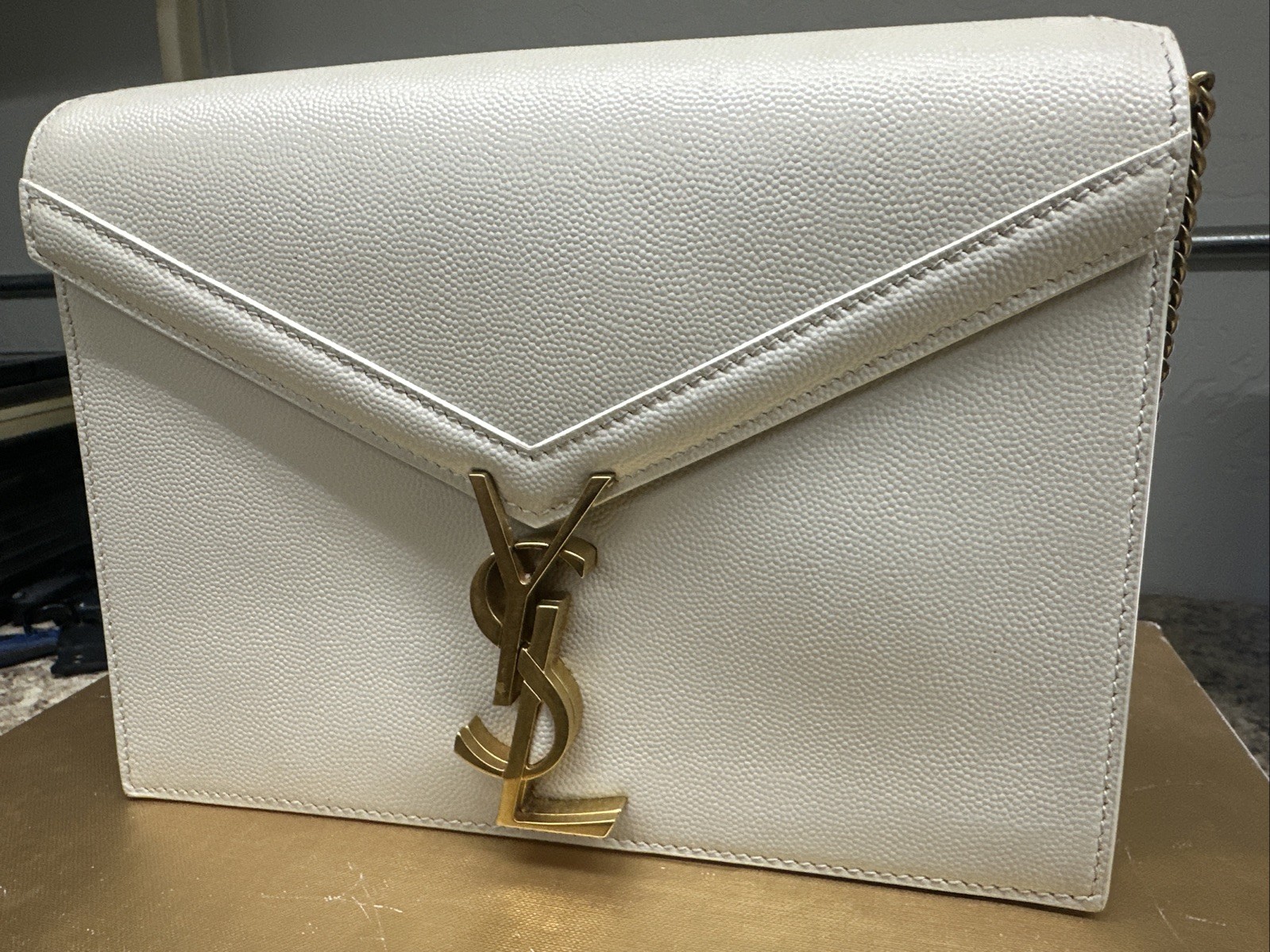 Saint Laurent Cassandra Chain Shoulder Bag Leather White