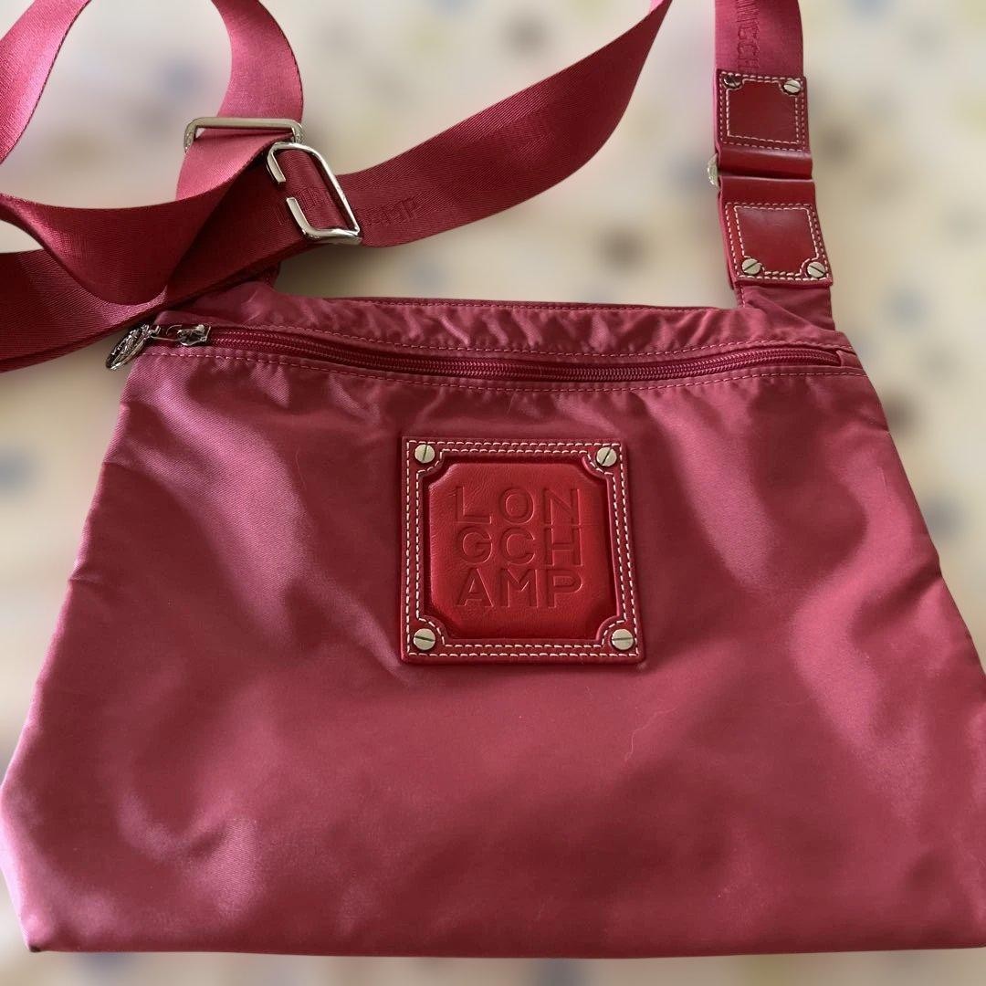 LONGCHAMP Nylon Shoulder Bag Red Auth about 8.86 x 10.24–11.81 x 2.17 inches