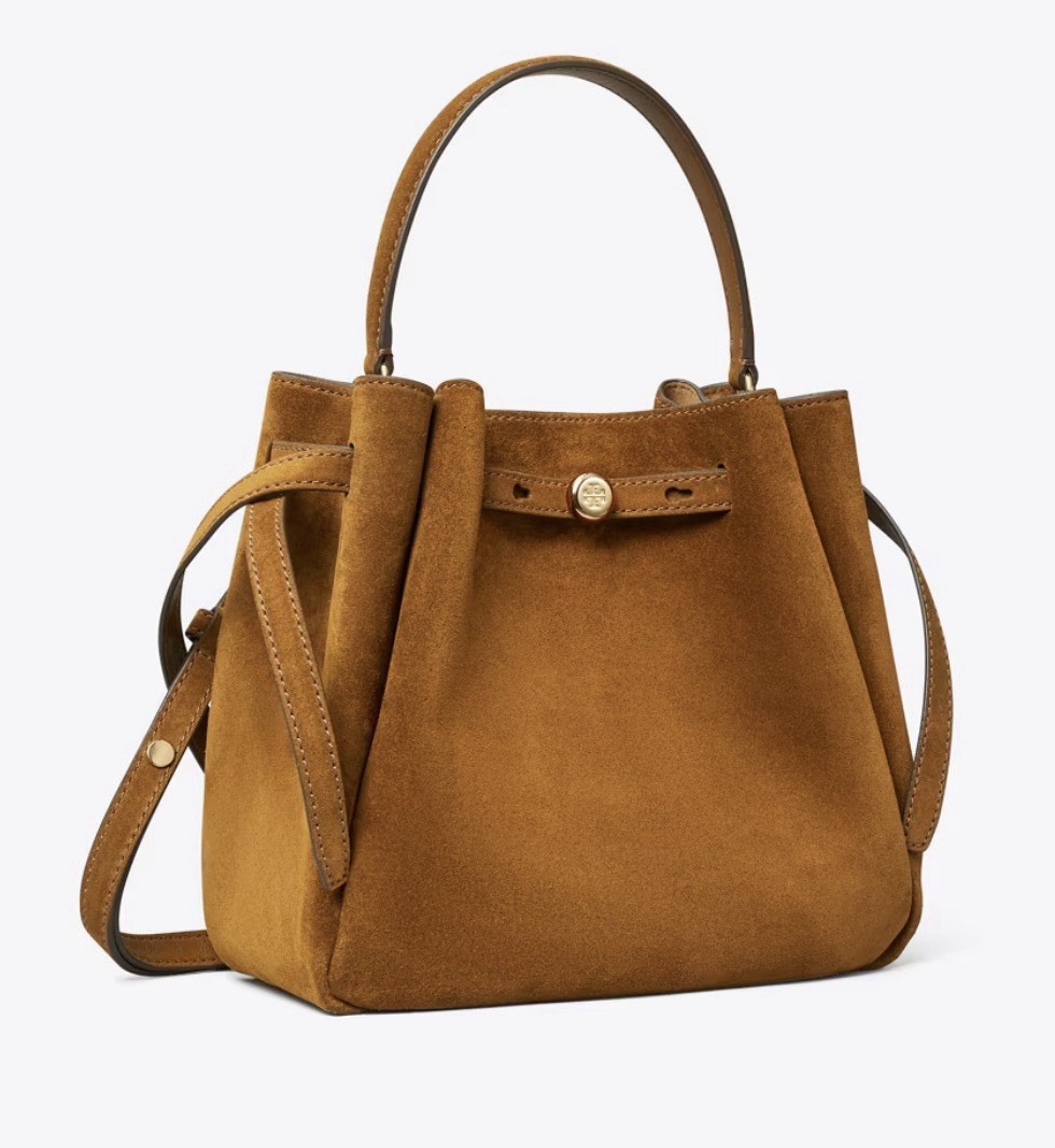Tory Burch Romy Suede Bucket Bag. Caramel. Style#174221