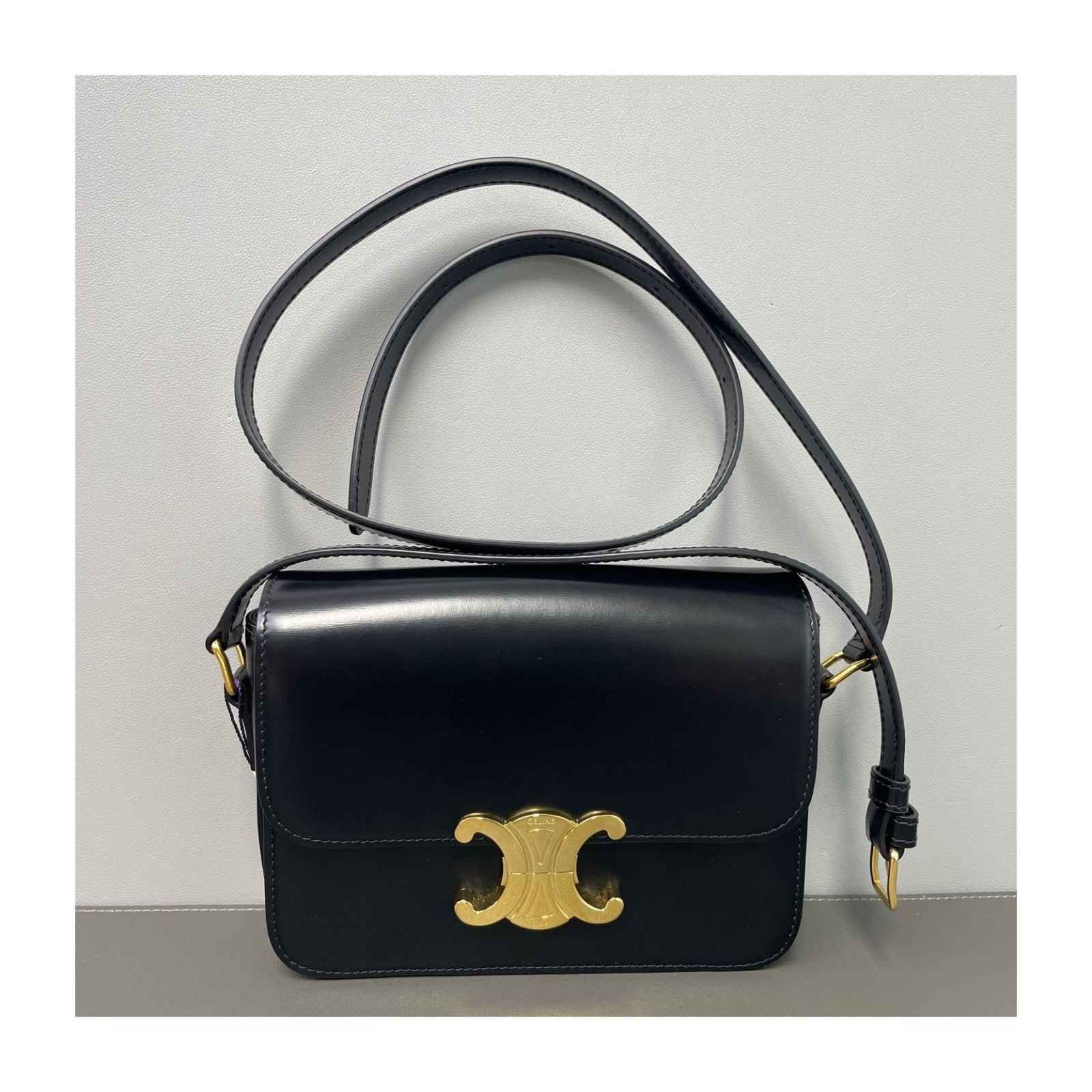Authentic Celine Classic Triomphe Black Shiny Calfskin Gold Logo Flap Crossbody