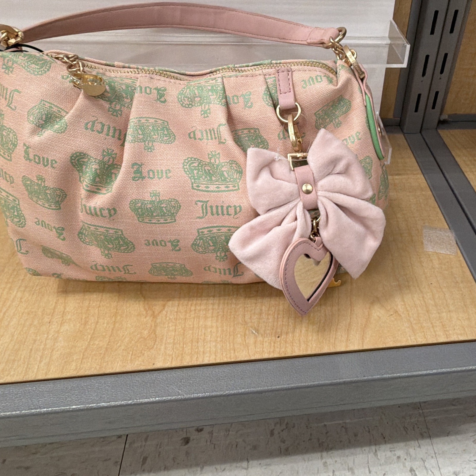 Juicy Couture Pink Logo Shoulder Bag Zip Closure Bow Heart Charm Gold Hardware
