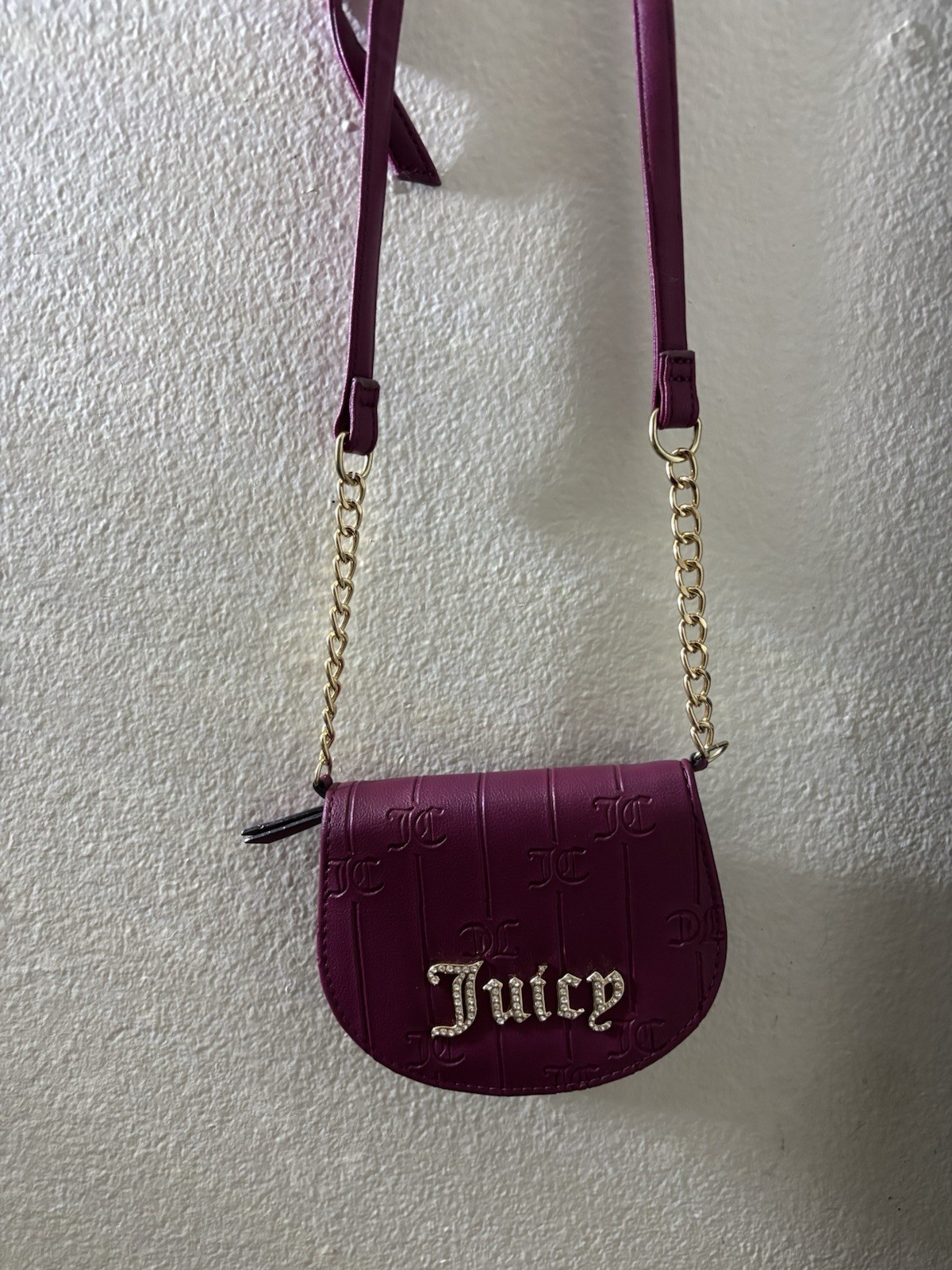 Juicy Couture Purple Logo Half Moon Crossbody Rhinestone Chain Gold Zip Small