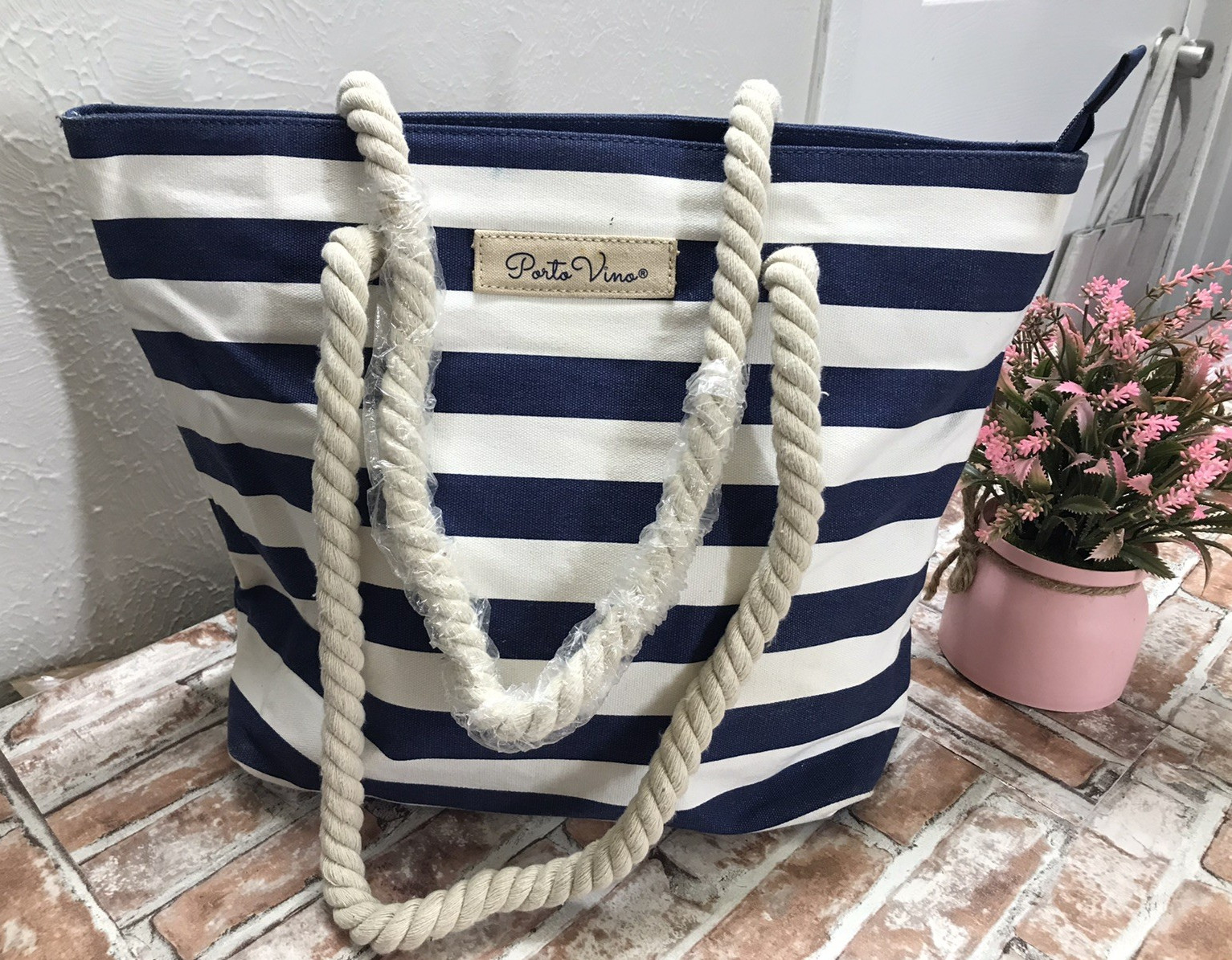 NWT Porto Vino Beach NICE Bag Canvas Blue/White Stripes Holds 2 Bottles Of Wine