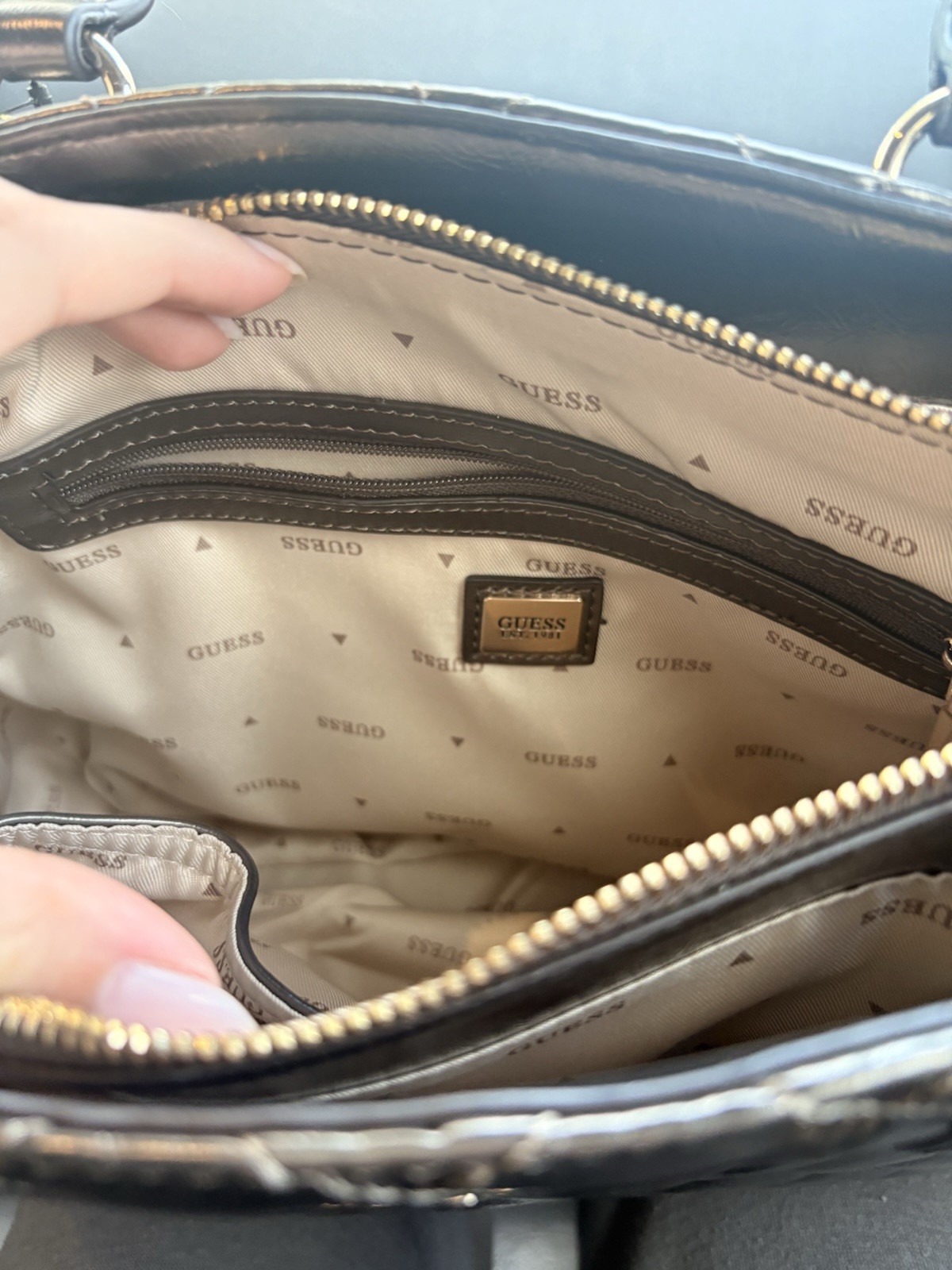 GUESS Black Quilted Medium Satchel Top Handle Bag Zip Gold Hardware Charm Strap