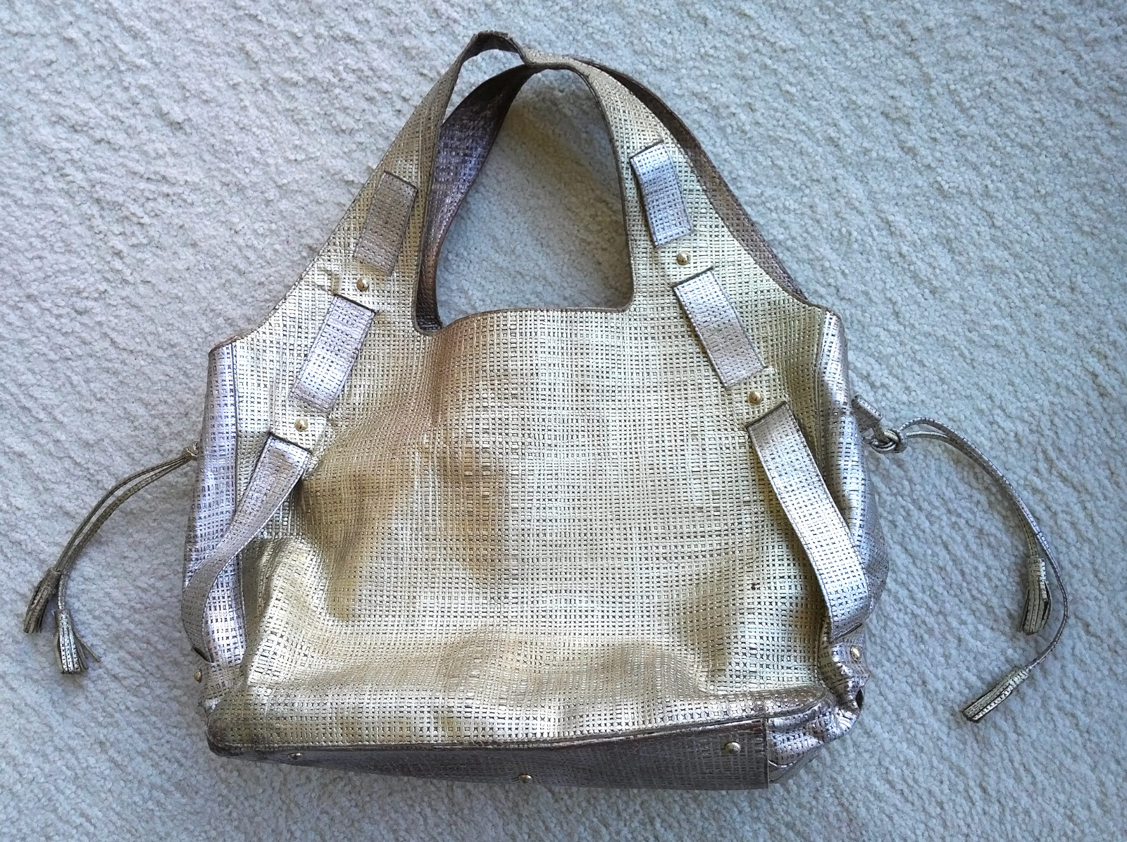 BIG bag Giorgio Armani leather gold-tones large tassels woven look worn–READ