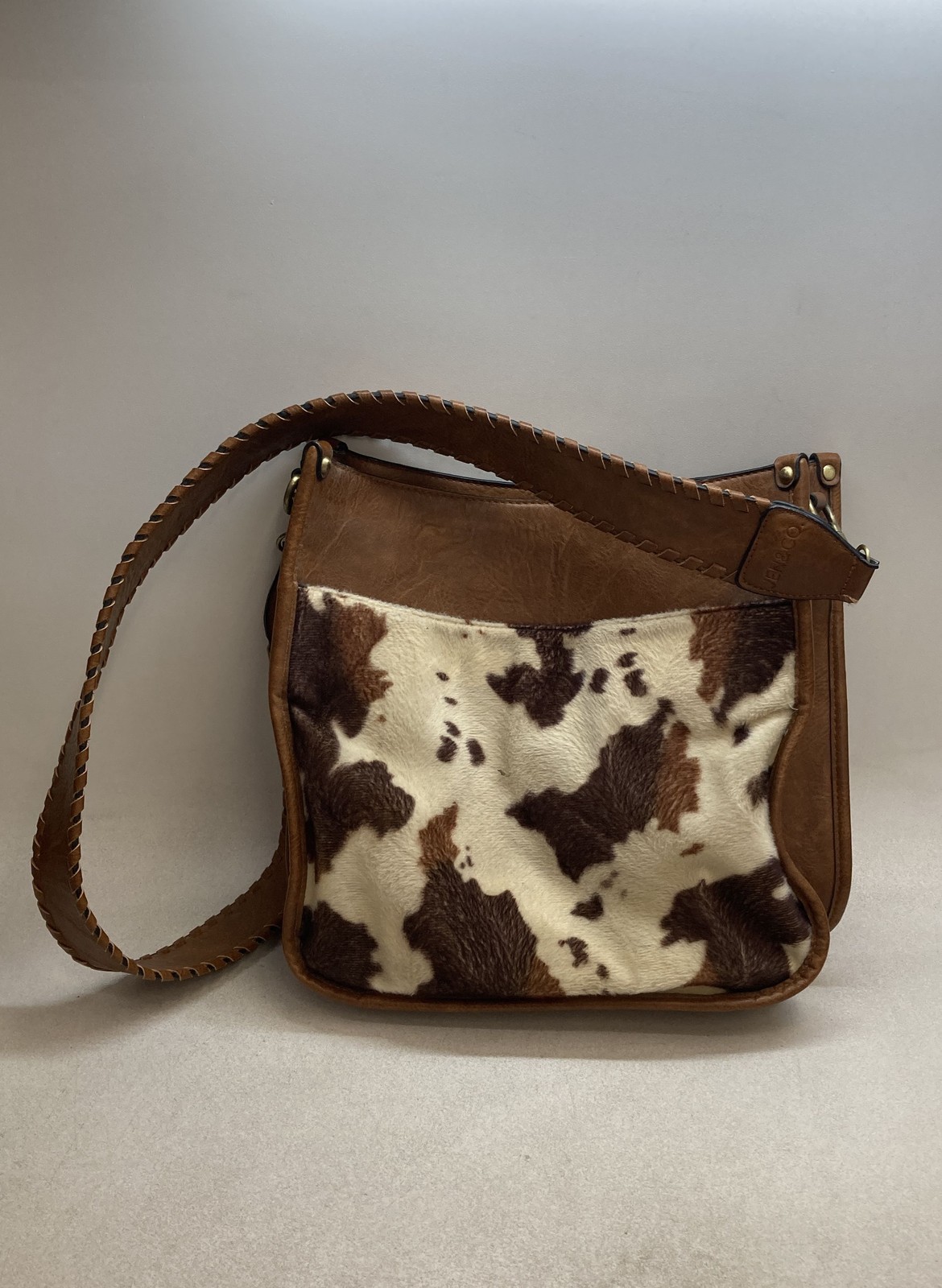 Jen & Co Brown Vegan Leather Cow Print Crossbody Bag Whipstitch Strap