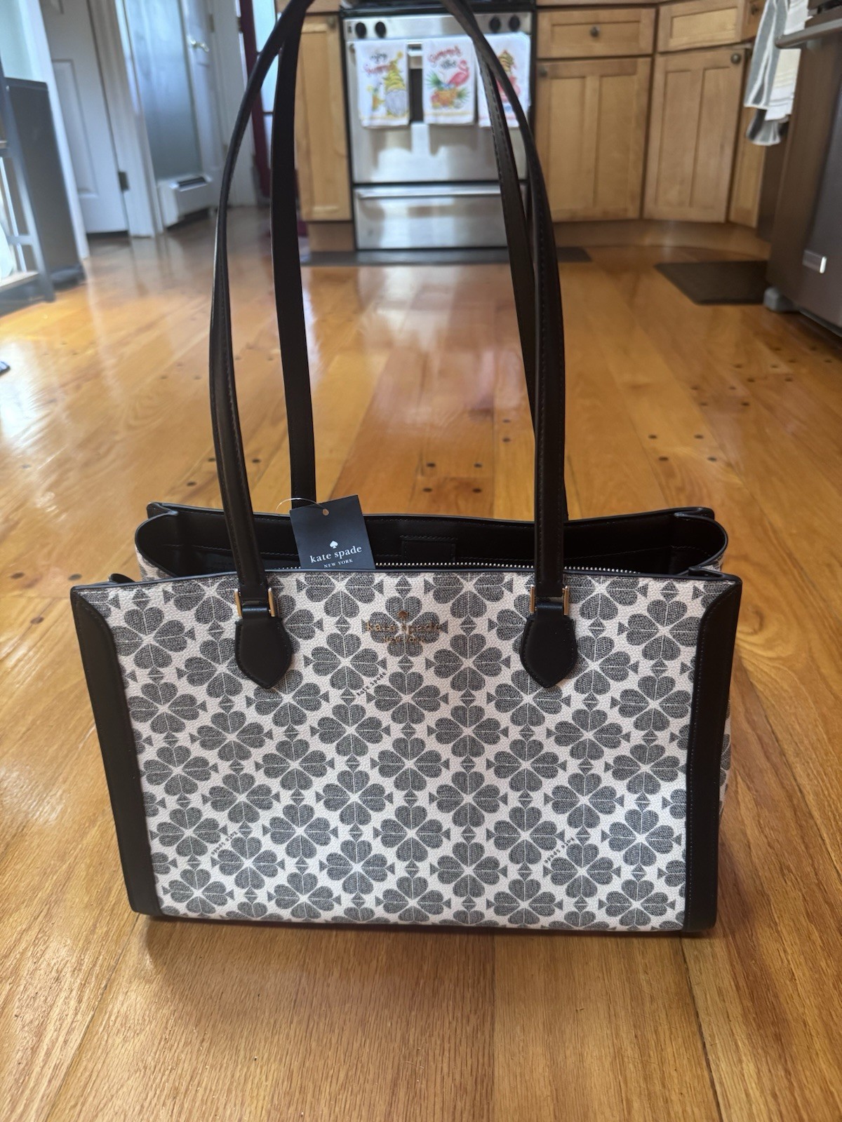 kate spade new york Spade Flower Laptop Tote Large Zip Black/Gray/White